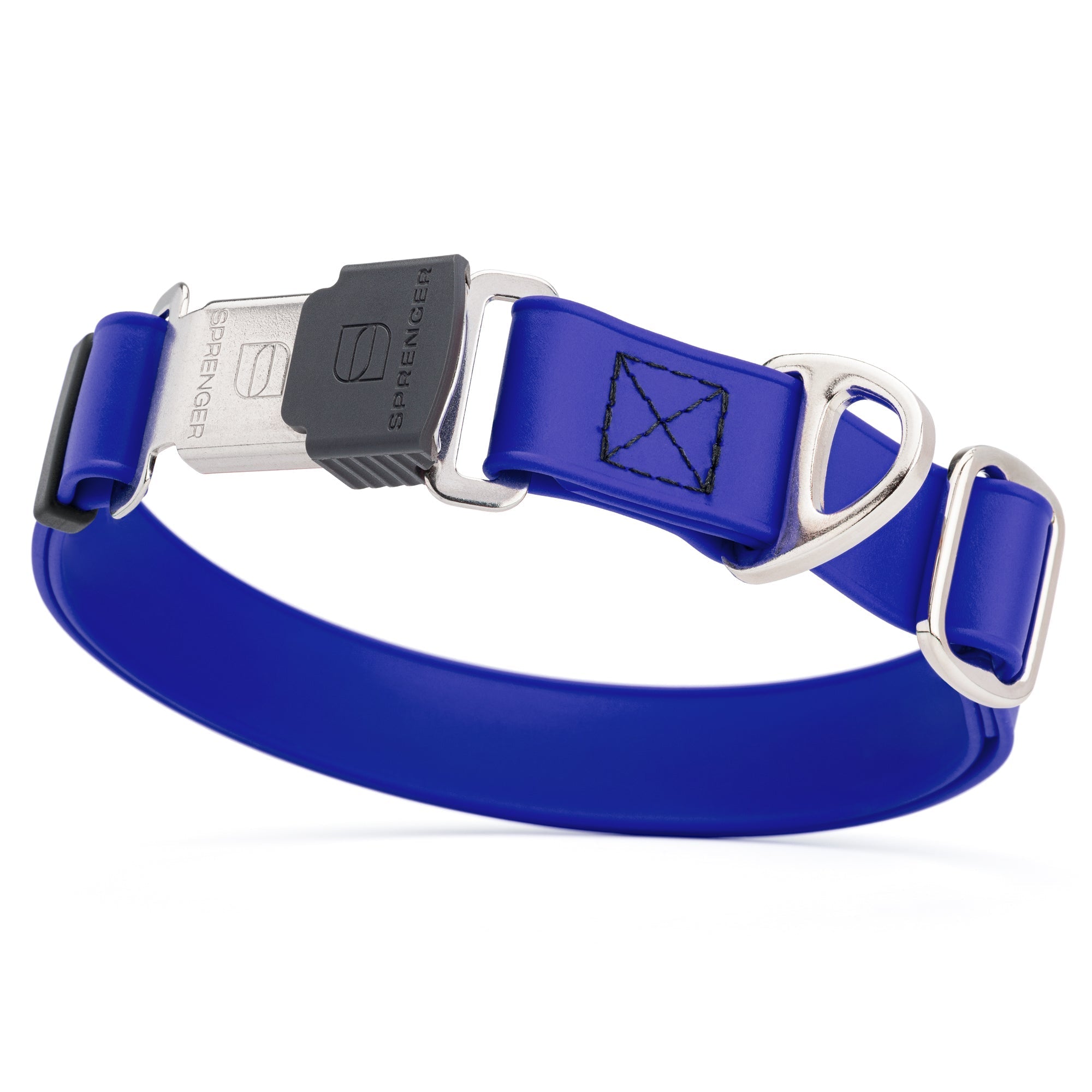 Blueberry dog collar with stainless steel Herm Sprenger buckle and metal D-ring, made from waterproof Biothane, adjustable