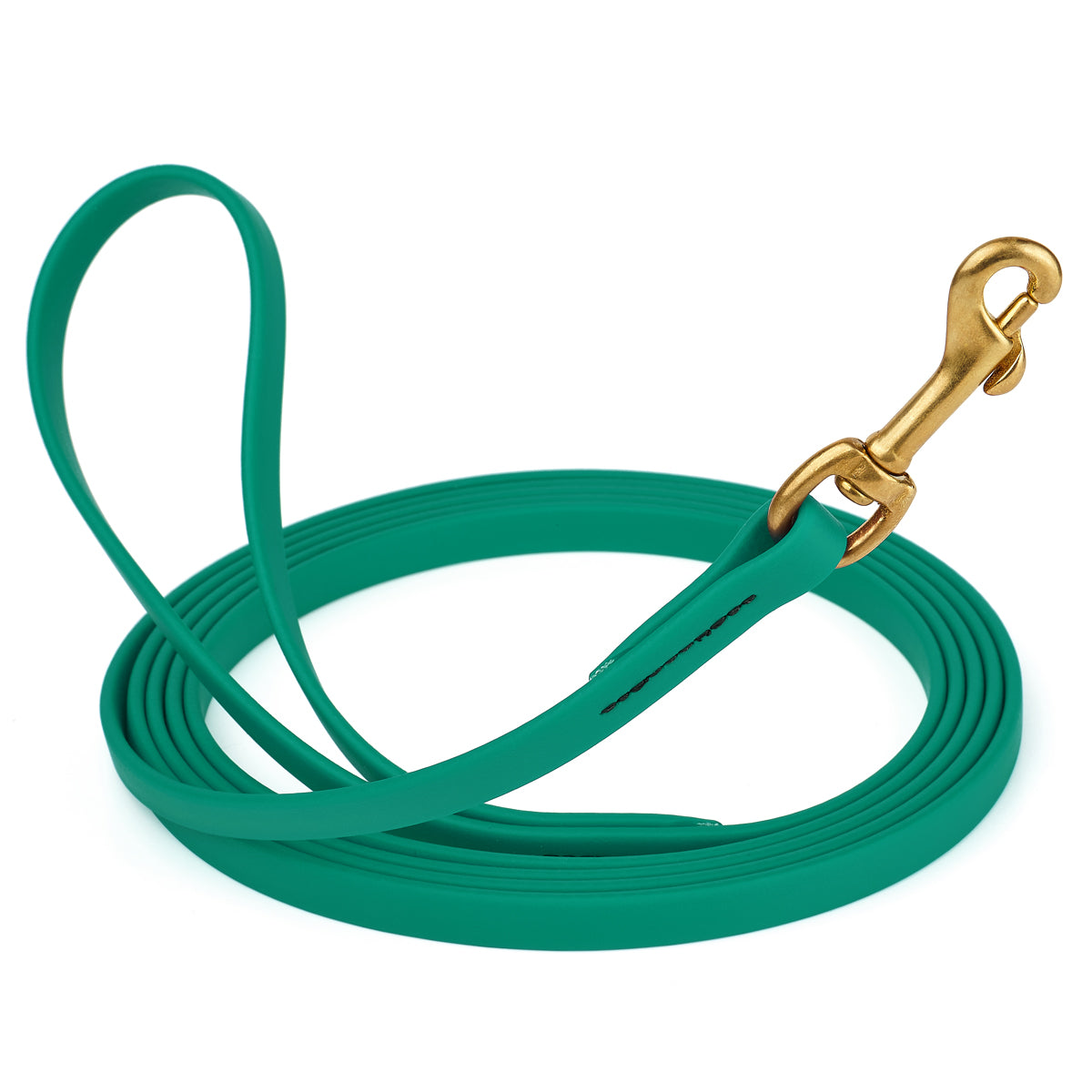 Teal Biothane leash for dogs with brass snap, length 20 feet, width 1/2 inch