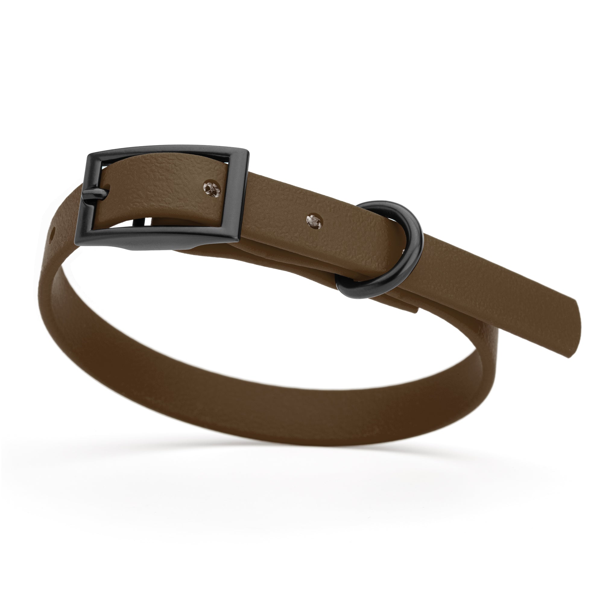 Dark Chocolate Brown dog collar with black buckle and D-ring, made from waterproof Biothane, x-small