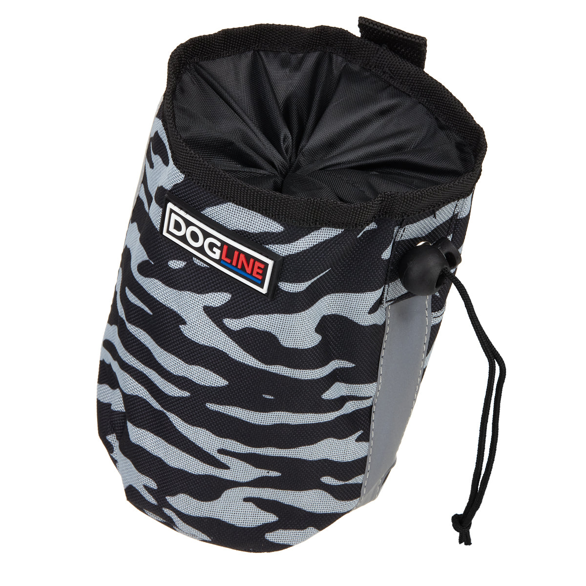 Zebra Black and White dog treat pouch with drawstring, reflective strip and waste bag dispenser