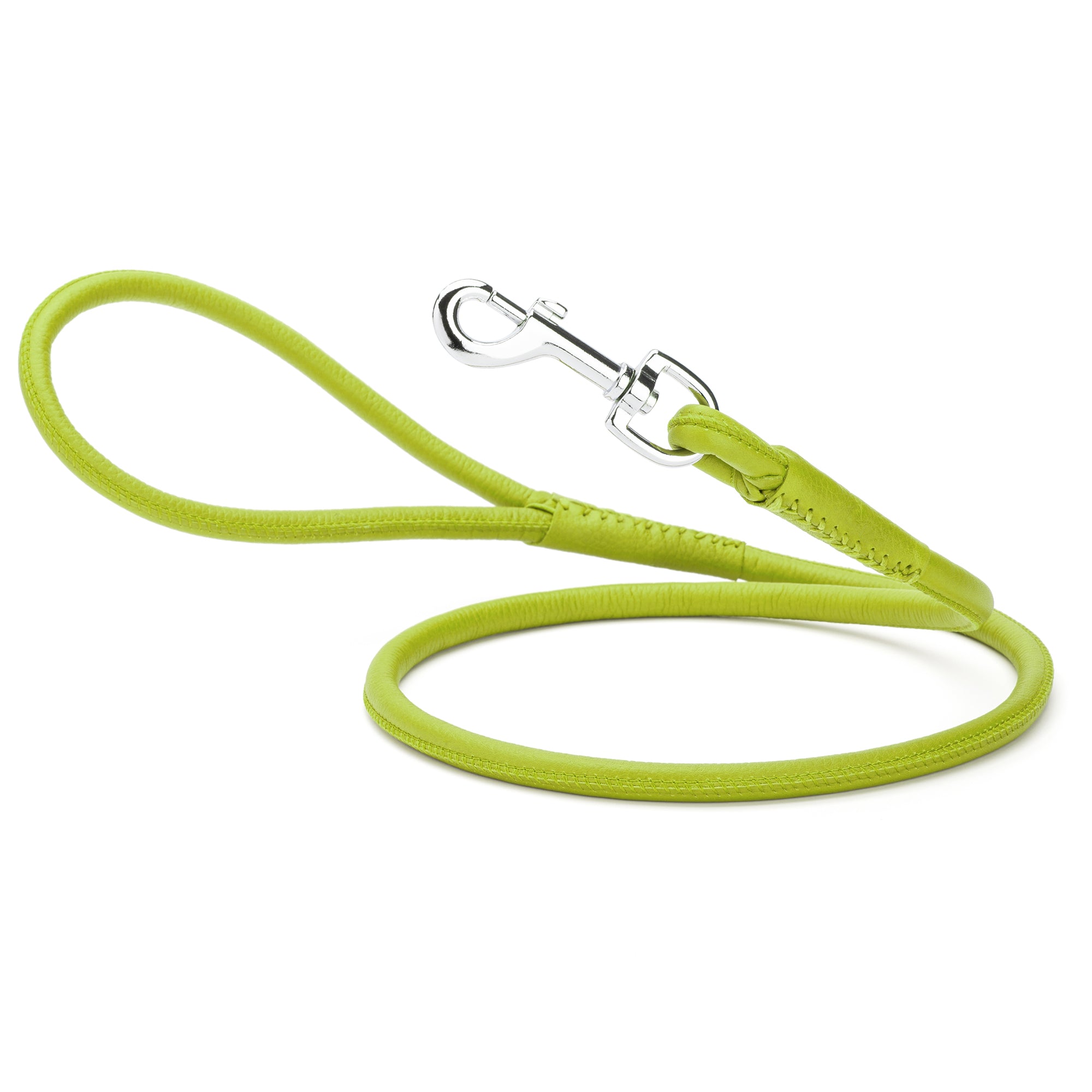 Lime Green leather dog leash with metal swivel snap hook, round design, 6 feet long