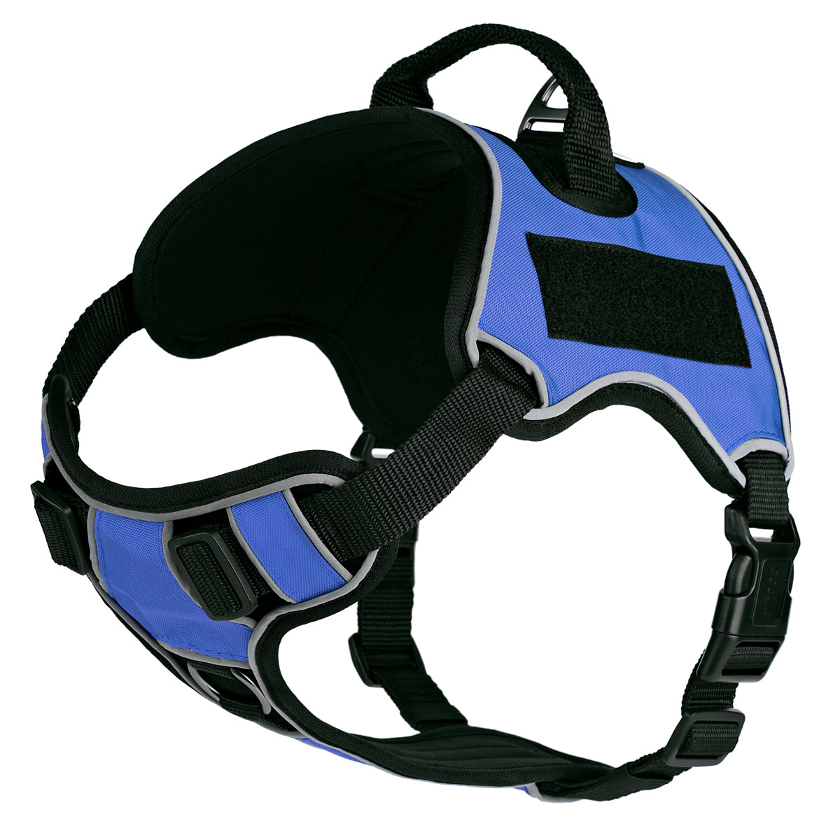 Blue dog harness with adjustable straps, quick release buckle, top handle and loop backing for two removable patches