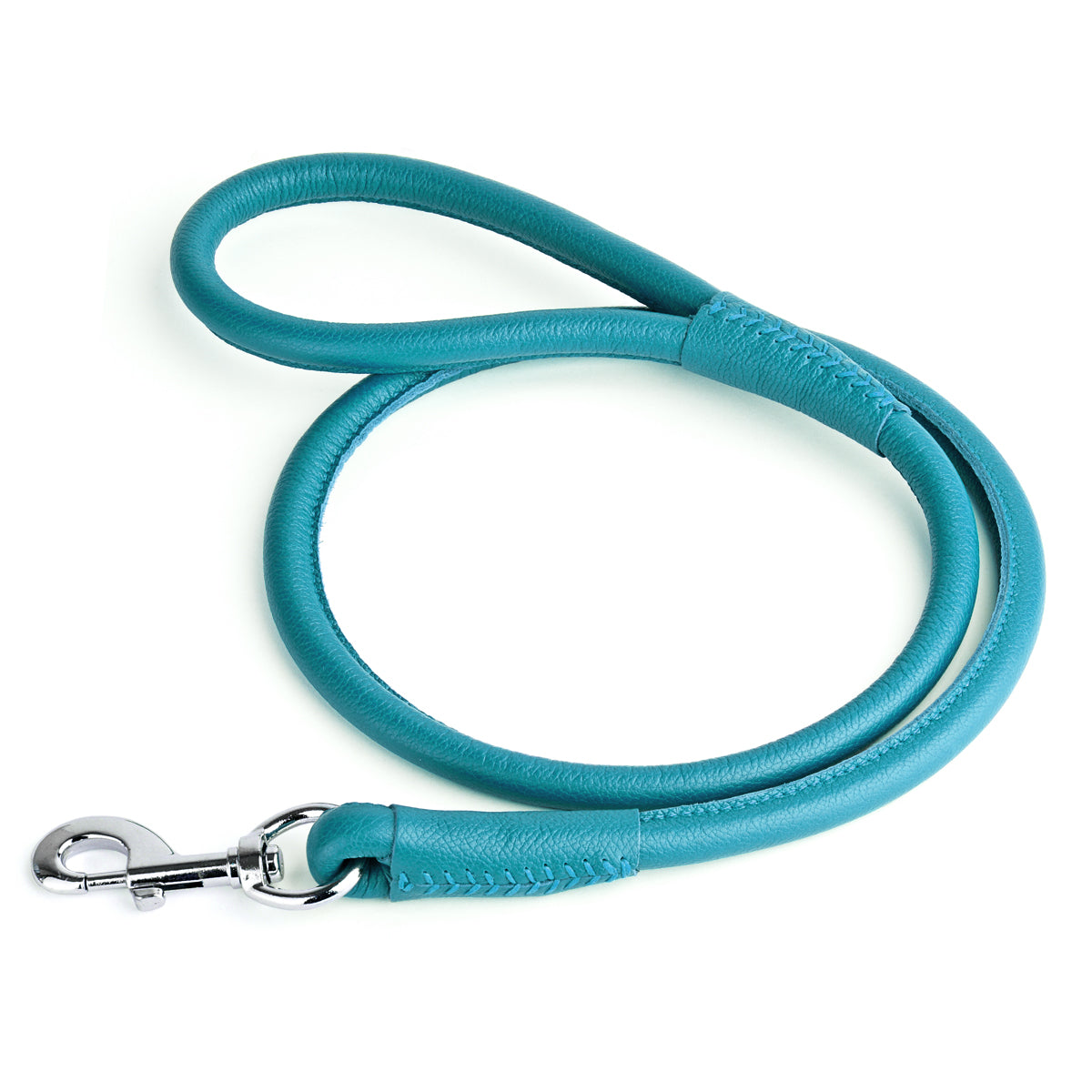 Teal leather dog leash with metal swivel snap hook, round design, 4 feet long