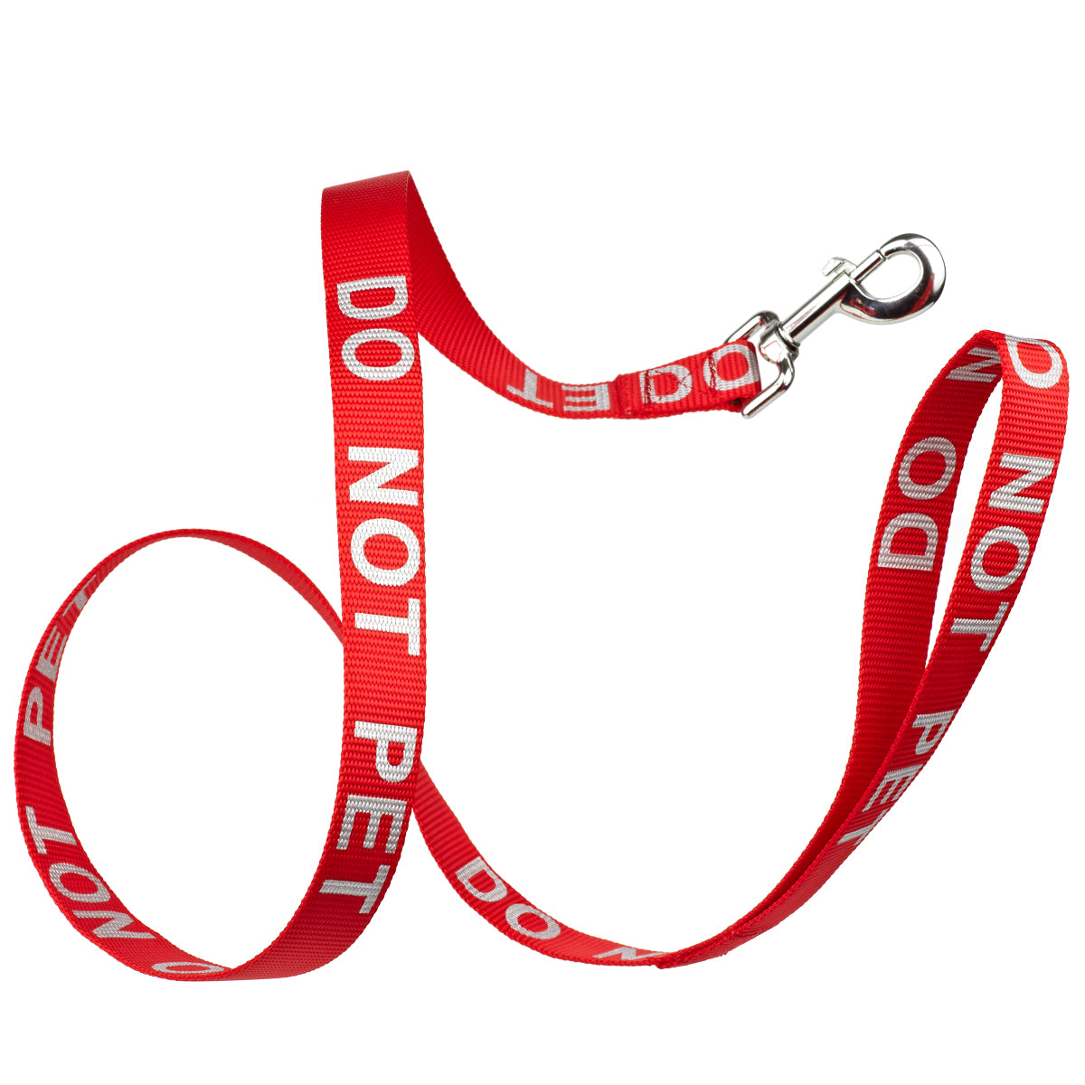 Red nylon dog leash with Do Not Pet lettering reflective text
