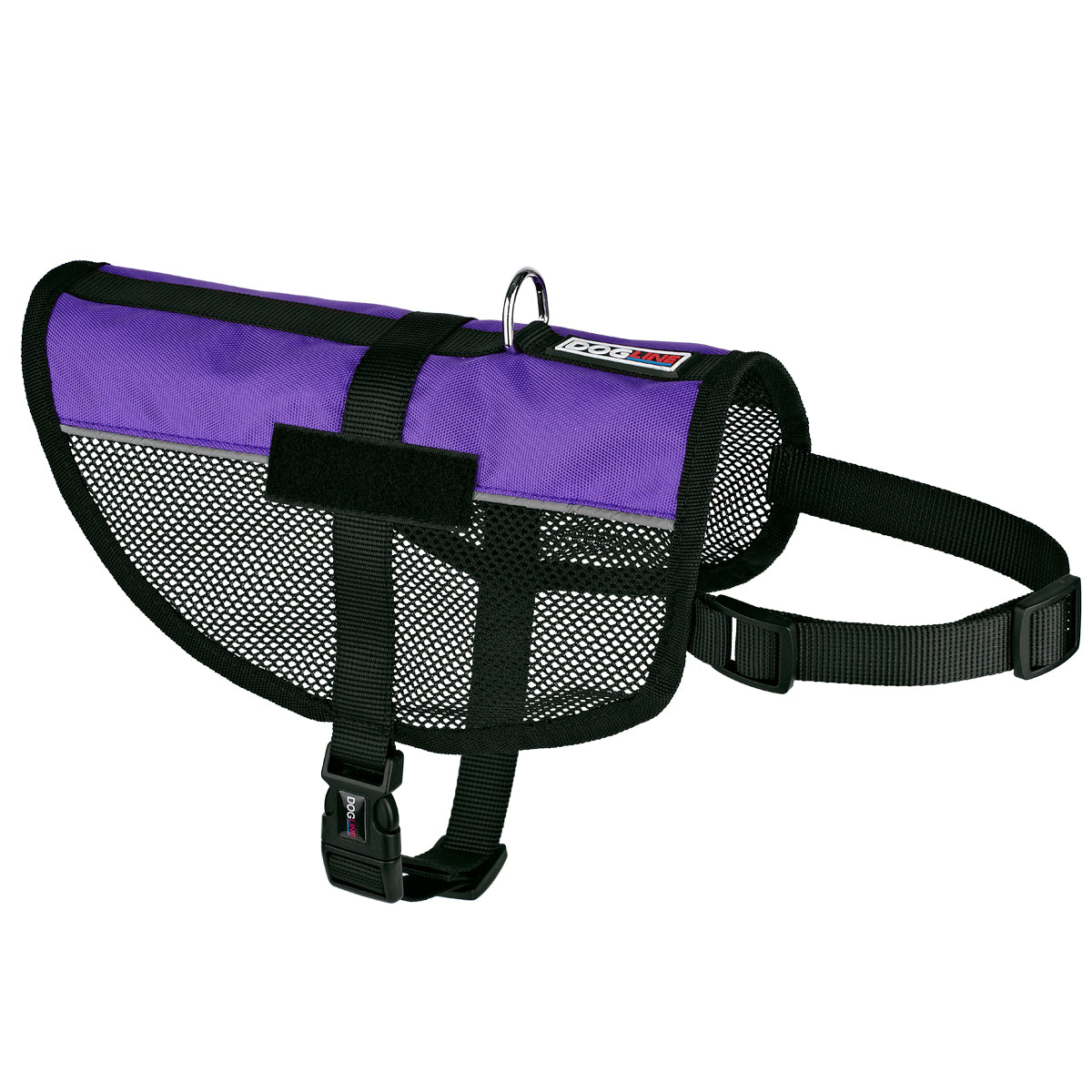 Purple mesh dog vest harness with adjustable belly and chest straps, and loop backing for attaching two patches
