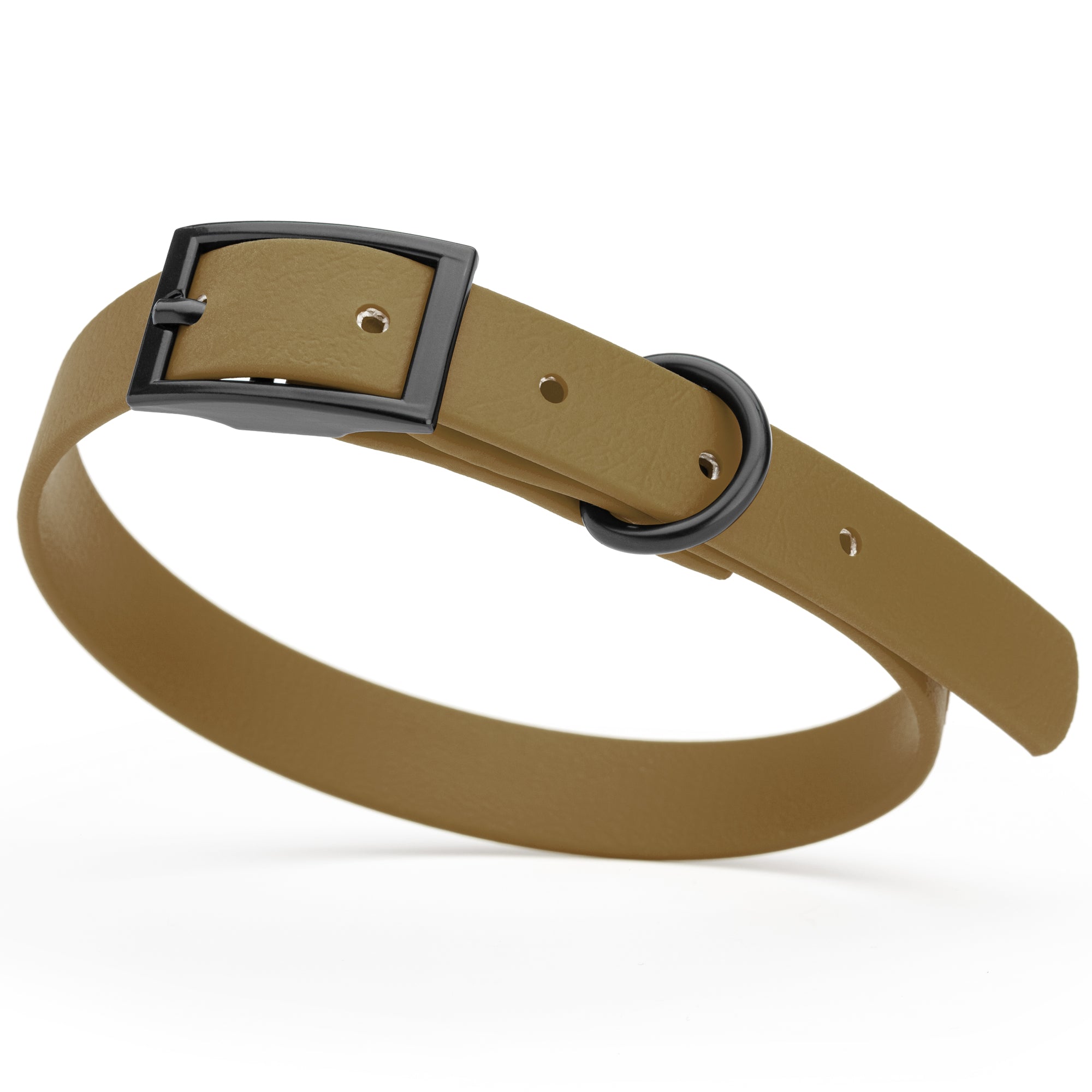 Coyote Brown Biothane dog collar with black metal buckle and D-ring, width 5/8 inches, fits small dogs