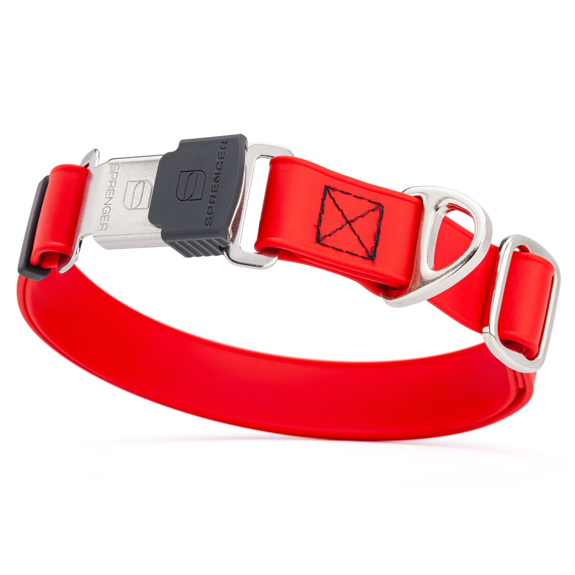 Cherry red dog collar with stainless steel Herm Sprenger buckle and metal D-ring, made from waterproof Biothane, adjustable