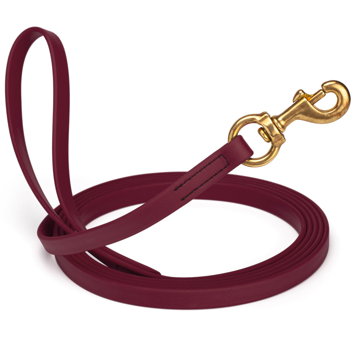 Merlot Burgundy waterproof dog leash, 20 ft long, 5/8 in wide, made from Biothane with brass hardware
