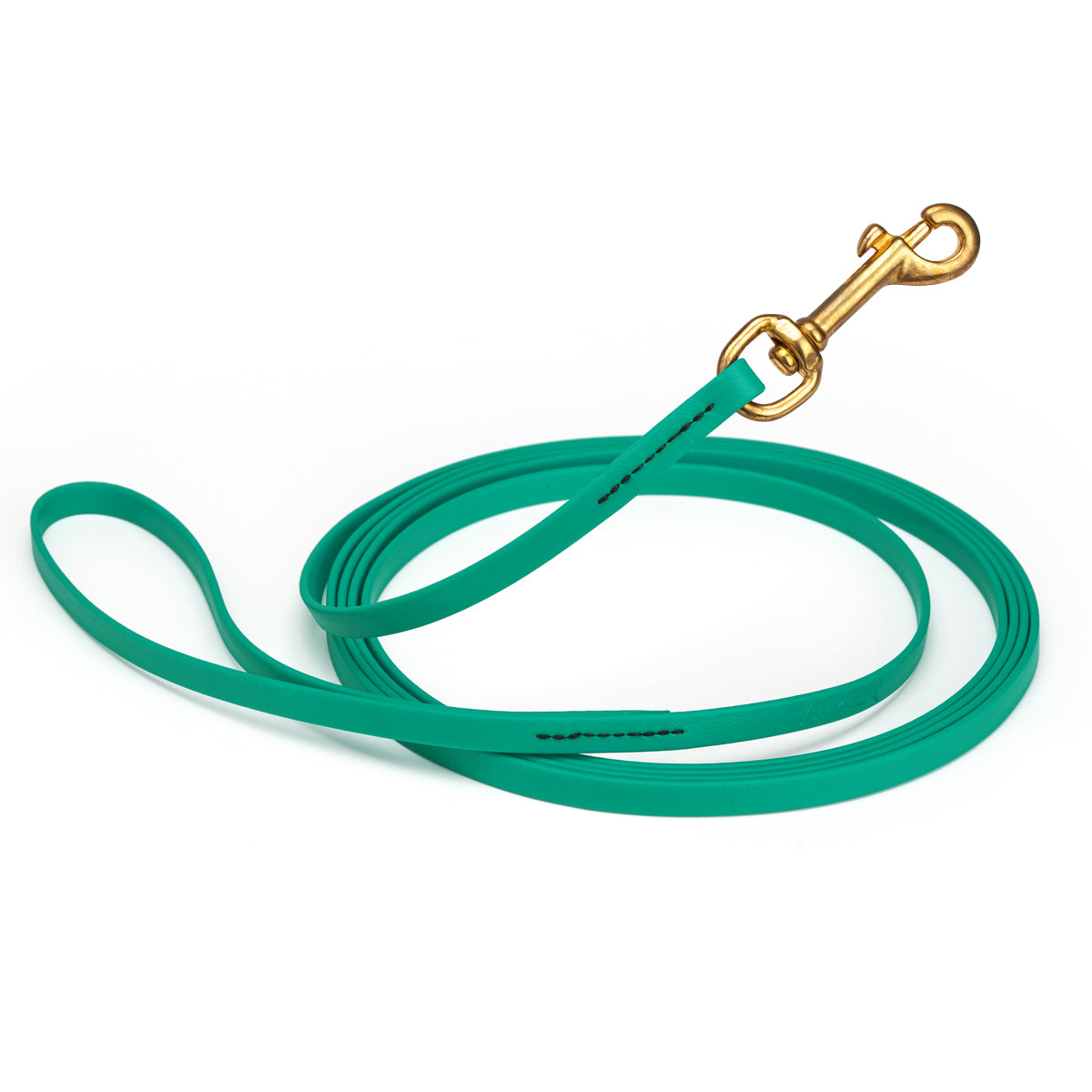 Waterproof Teal dog leash, 20 ft long, 3/8 in wide, made from Biothane with brass hardware