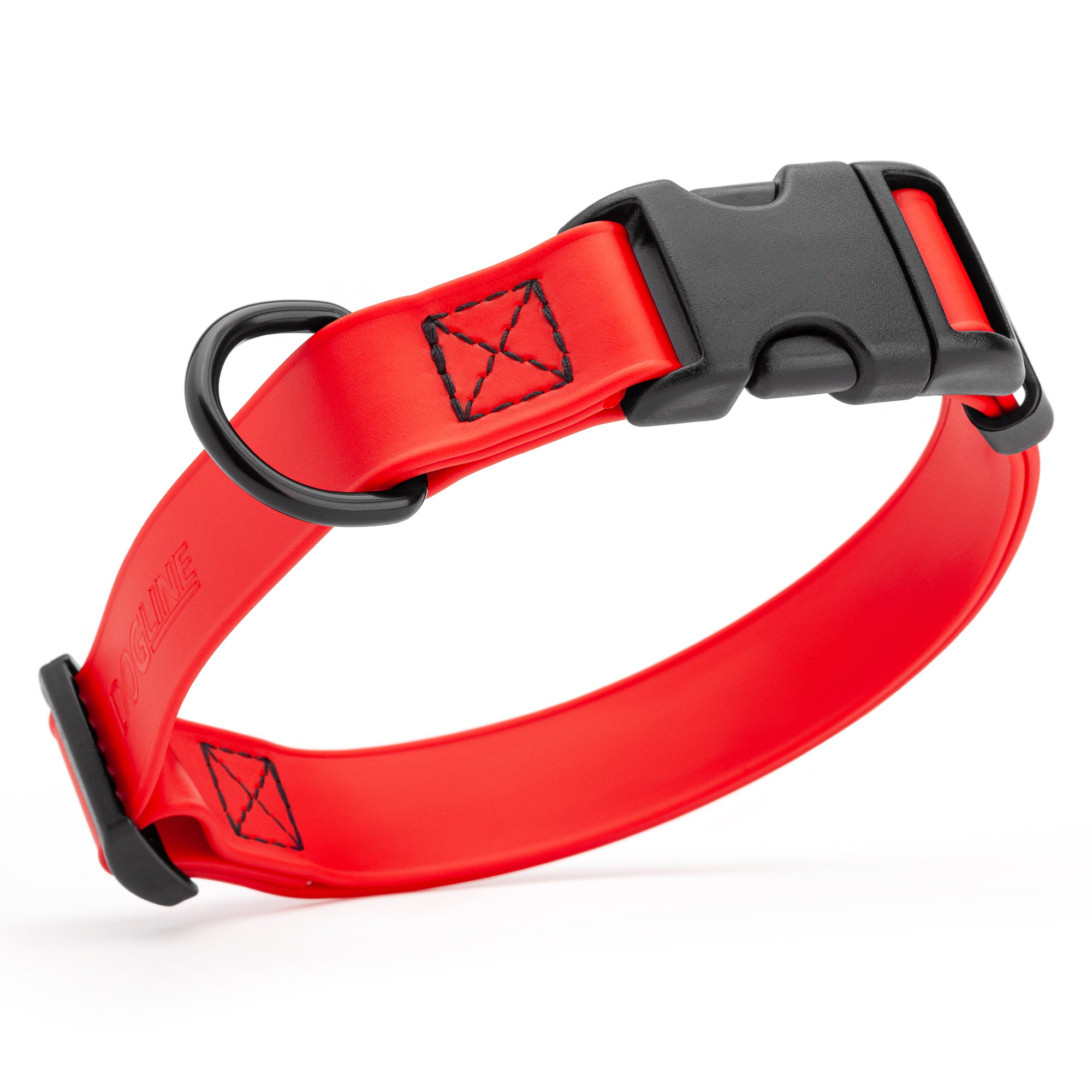 Red waterproof dog collar made from Biothane with black quick release buckle and D-ring, adjustable