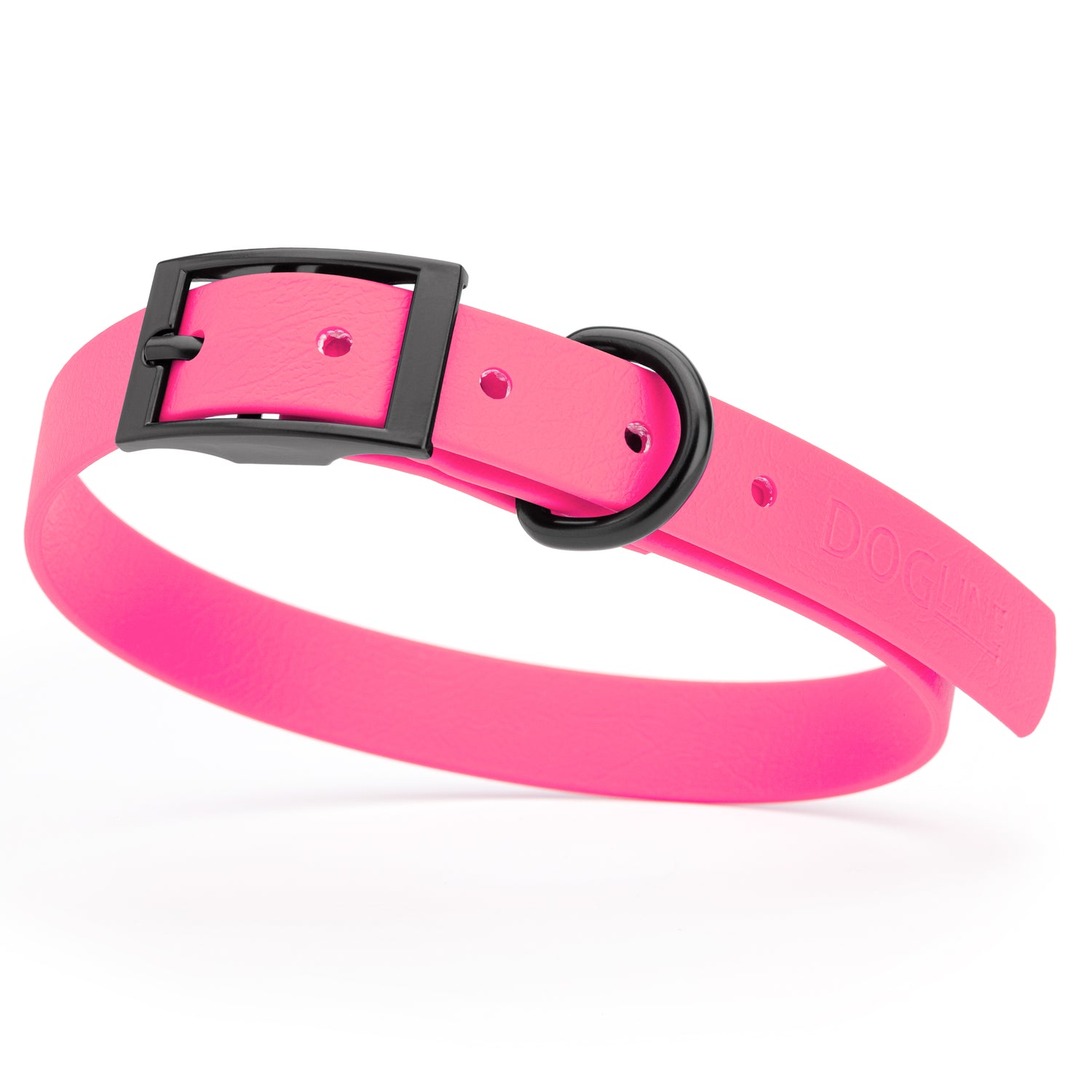 Passionfruit Pink waterproof dog collar with black metal buckle and D-ring, made from BioThane, fits medium dogs