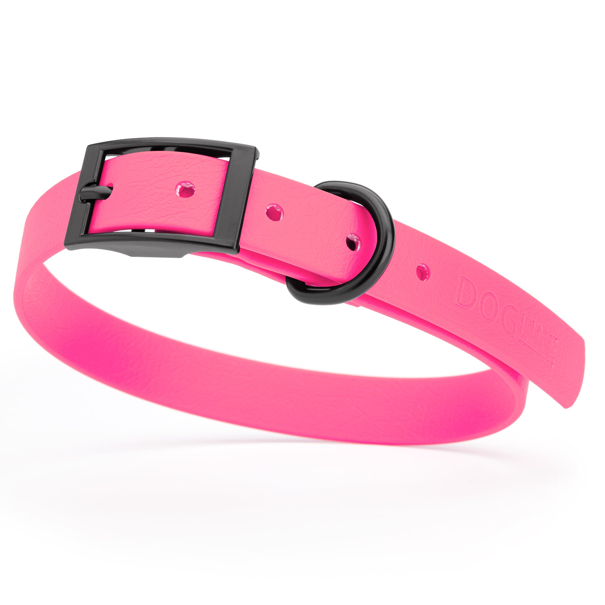 Passionfruit Pink waterproof dog collar with black metal buckle and D-ring, made from BioThane, fits medium dogs