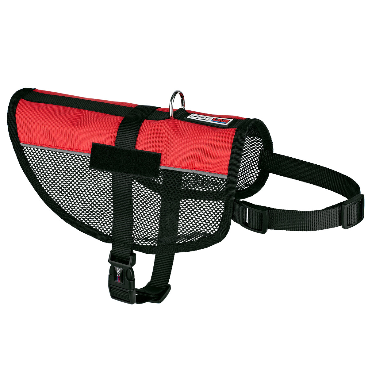 Red mesh dog vest harness with adjustable belly and chest straps, and loop backing for attaching two patches