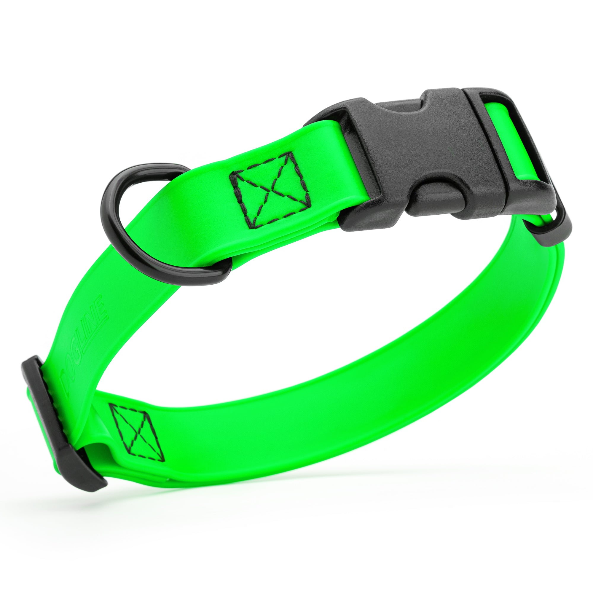 Tropical green waterproof dog collar made from Biothane with black quick release buckle and D-ring, adjustable