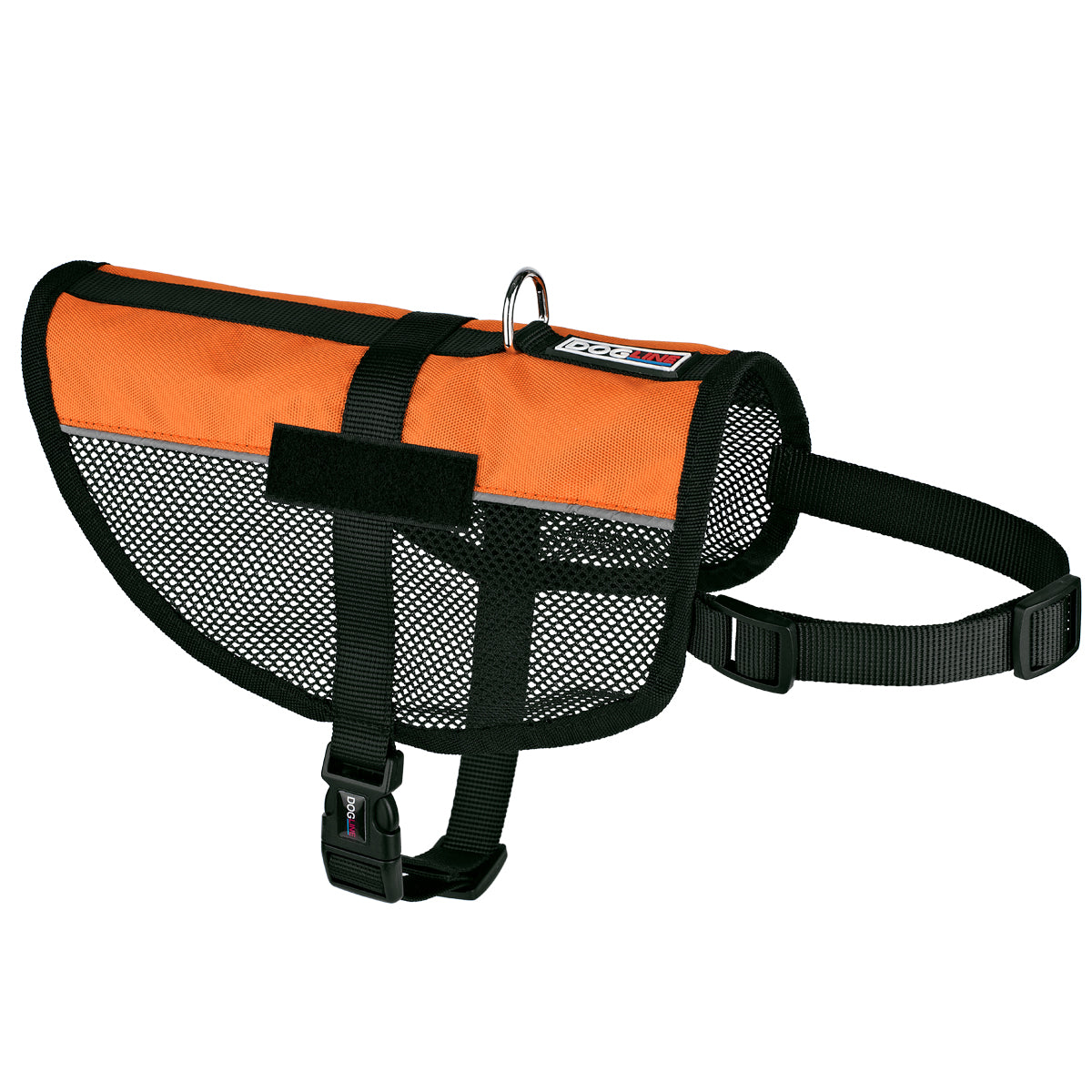 Orange mesh dog vest harness with adjustable belly and chest straps, and loop backing for attaching two patches