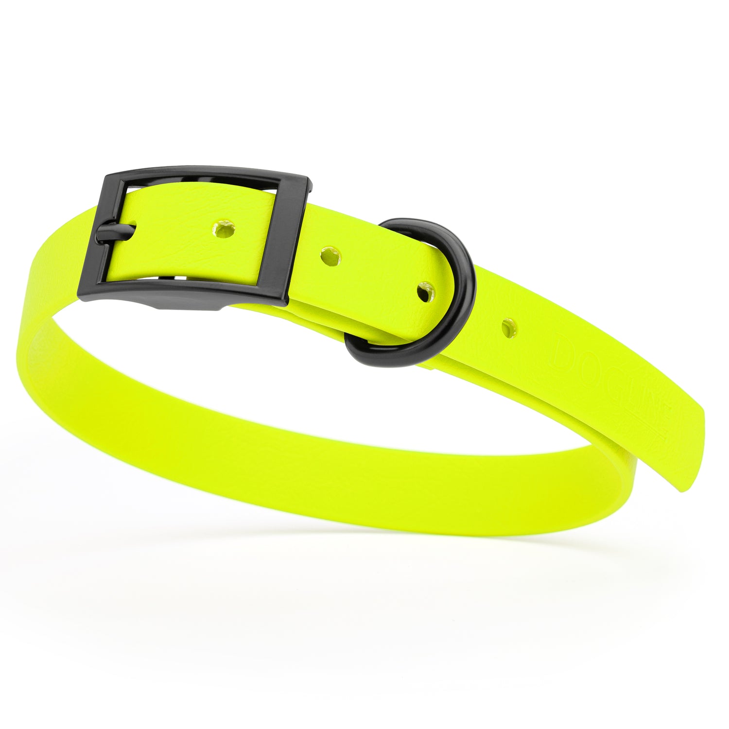 Safety Yellow waterproof dog collar with black metal buckle and D-ring, made from BioThane, fits medium dogs