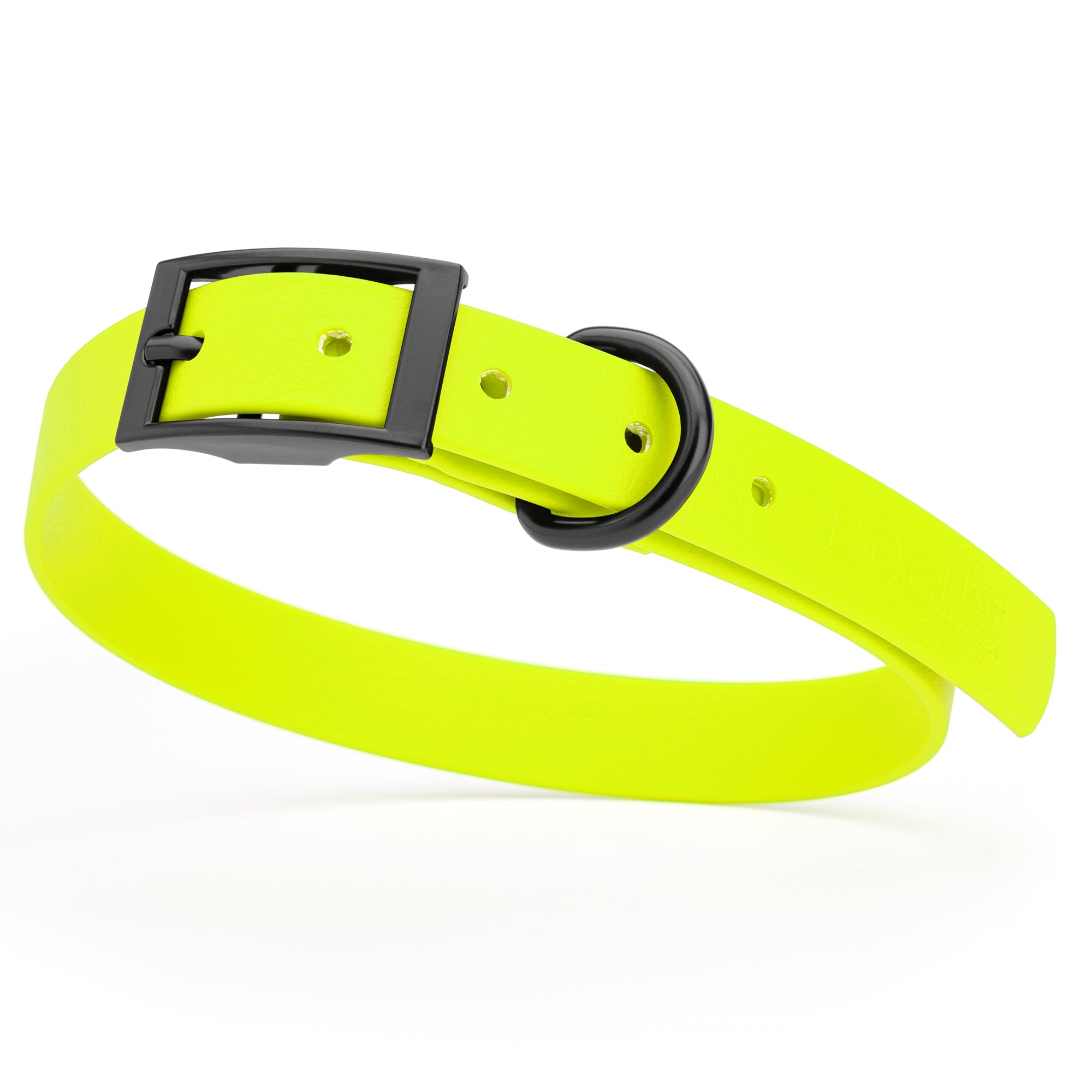 Safety Yellow waterproof dog collar with black metal buckle and D-ring, made from BioThane, fits medium dogs