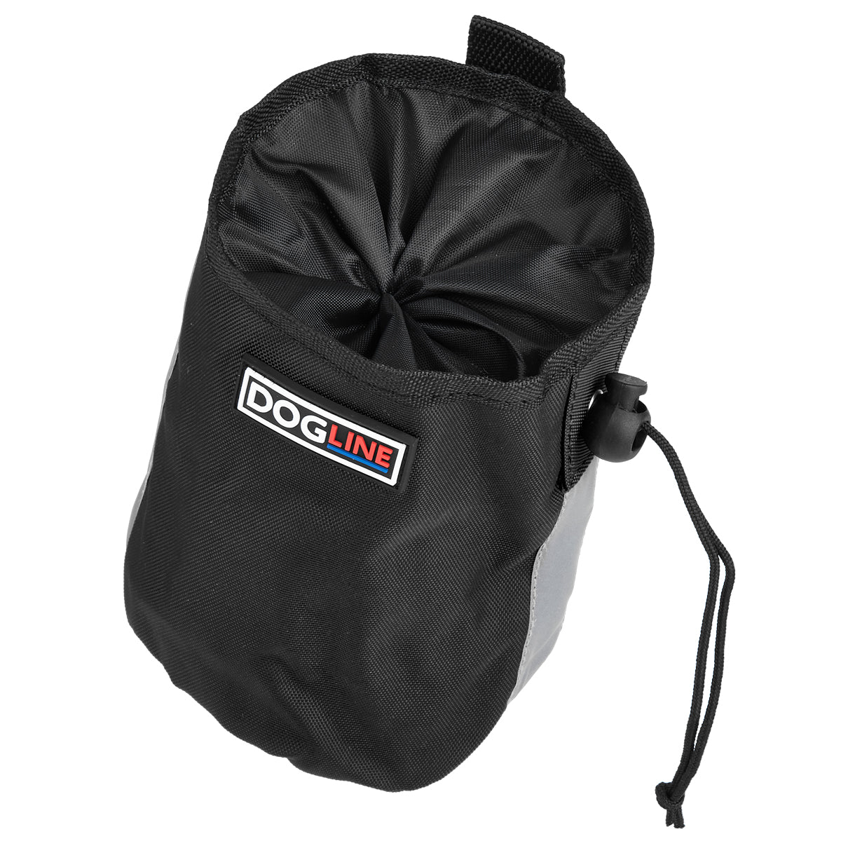 Black dog treat pouch with drawstring, reflective strip and waste bag dispenser