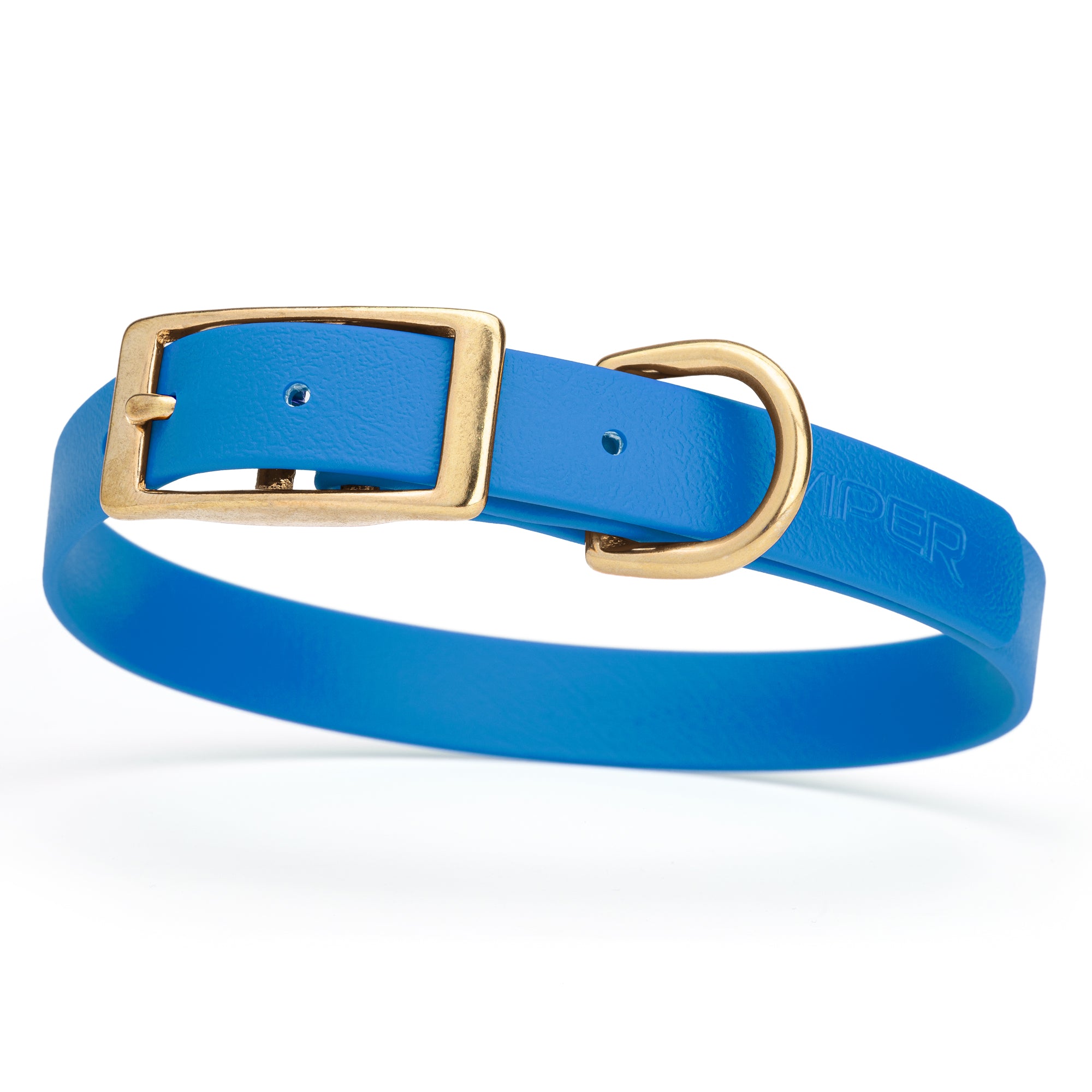 Biothane dog collar with brass buckle and D-ring, waterproof, fits medium dogs, width 3/4 inch, Cerulean Blue
