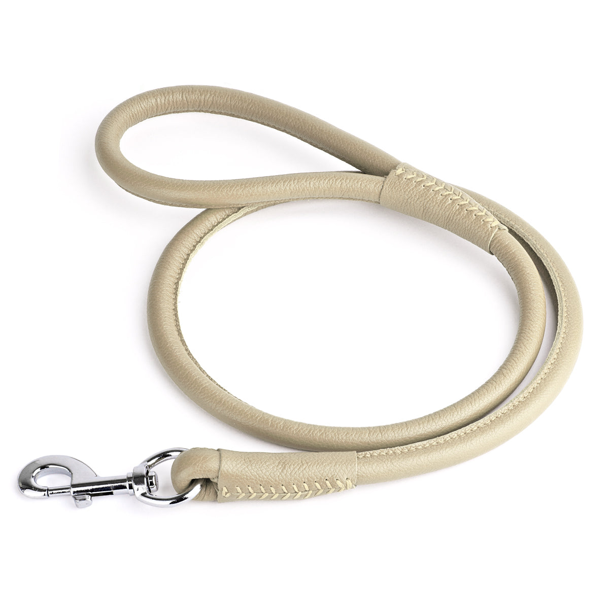 Beige leather dog leash with metal swivel snap hook, round design, 4 feet long
