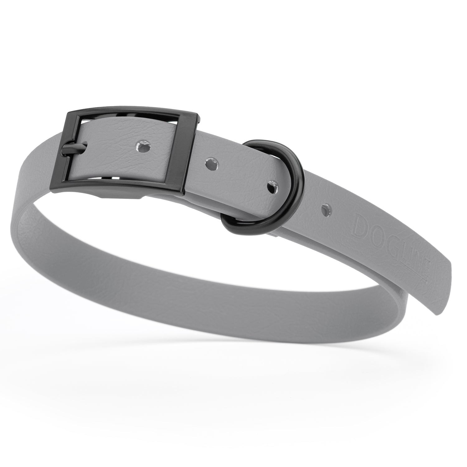 Battleship Gray waterproof dog collar with black metal buckle and D-ring, made from BioThane, fits medium dogs