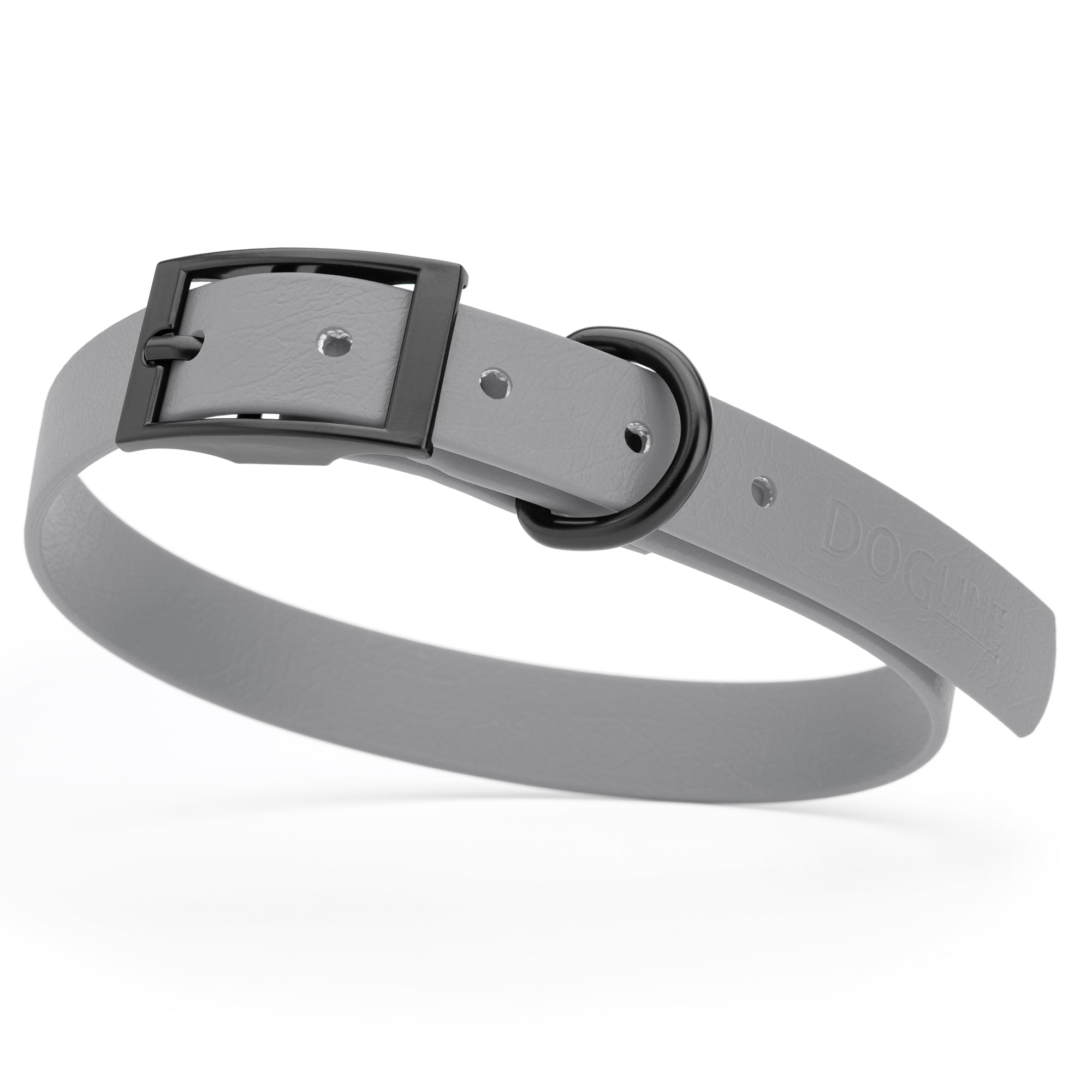 Battleship Gray waterproof dog collar with black metal buckle and D-ring, made from BioThane, fits medium dogs