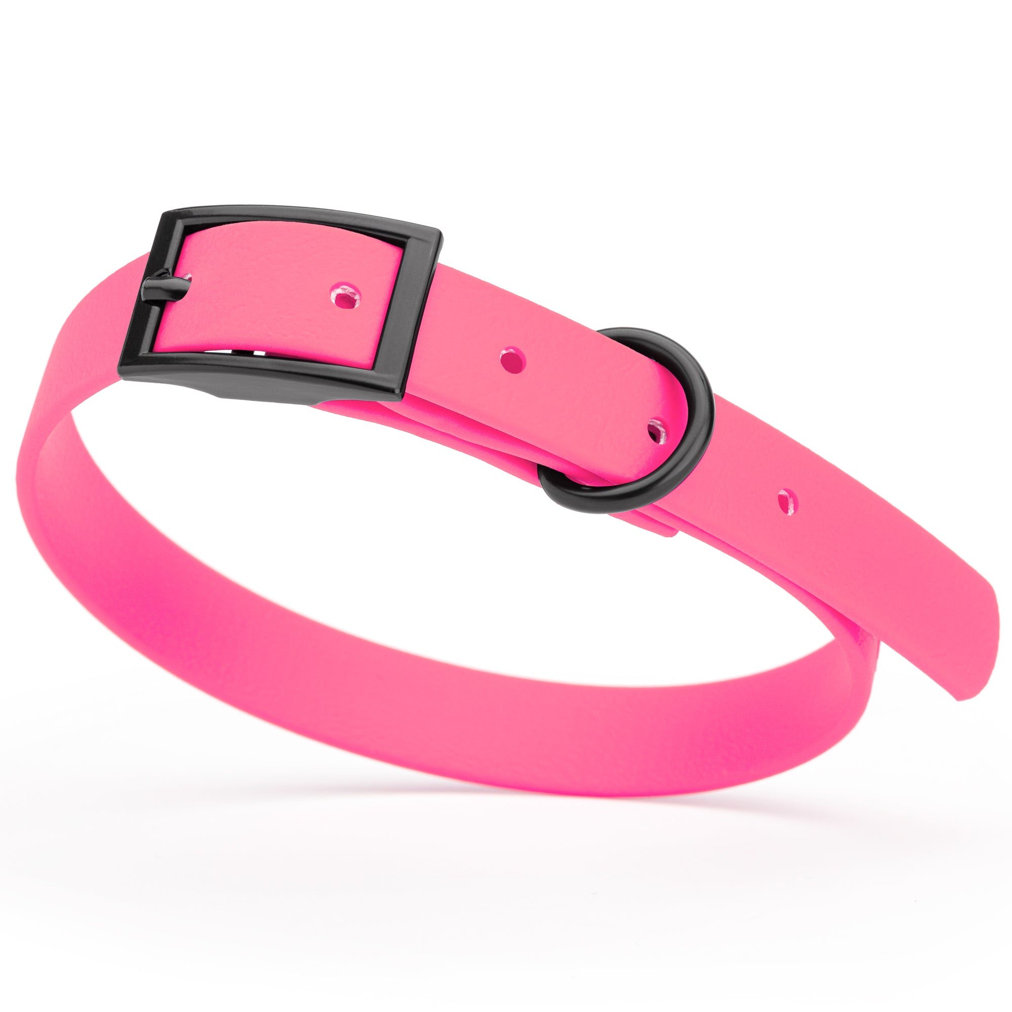 Passionfruit Pink Biothane dog collar with black metal buckle and D-ring, width 5/8 inches, fits small dogs