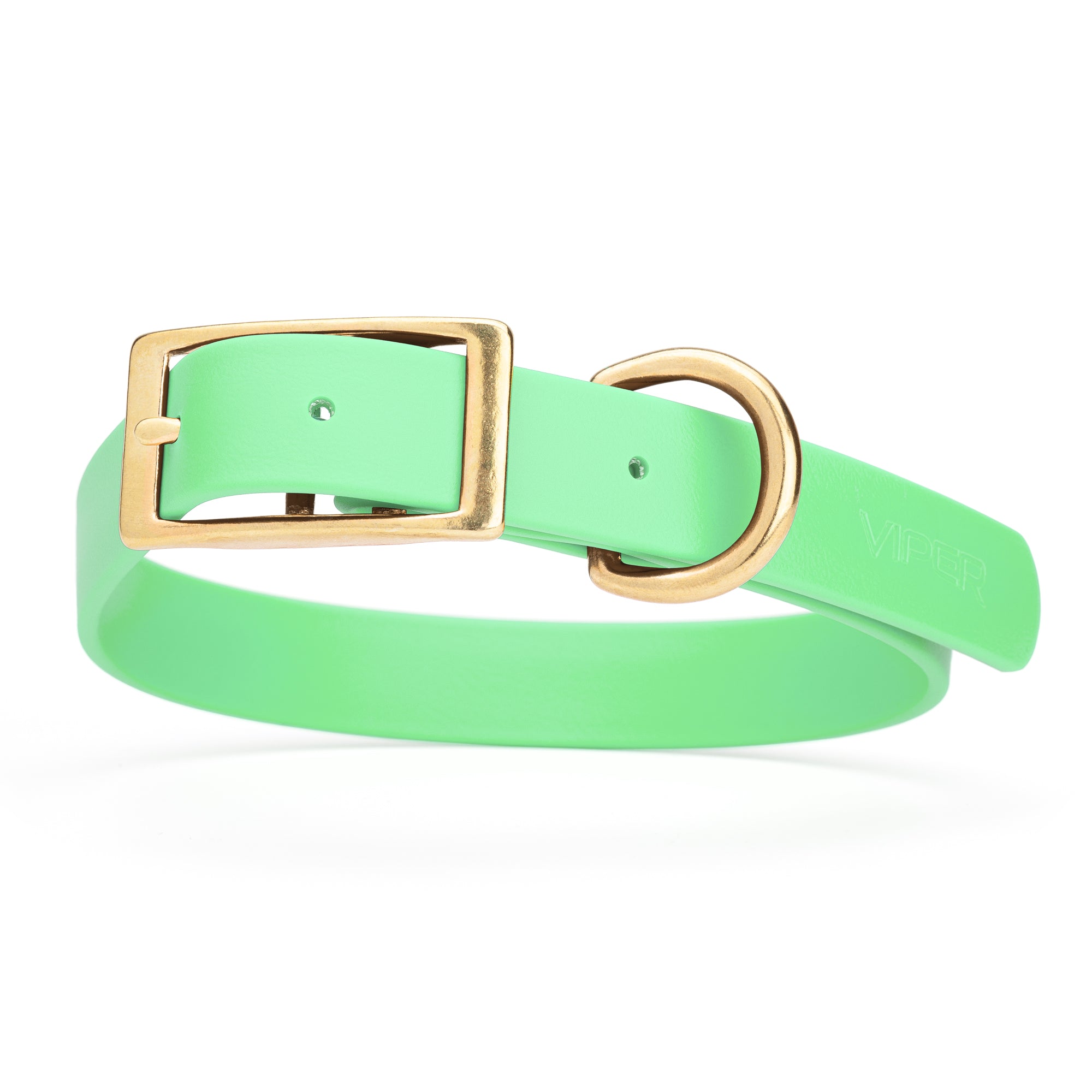 Seafoam Green dog collar with brass hardware, made from waterproof Biothane, 1-inch wide, fits large dogs