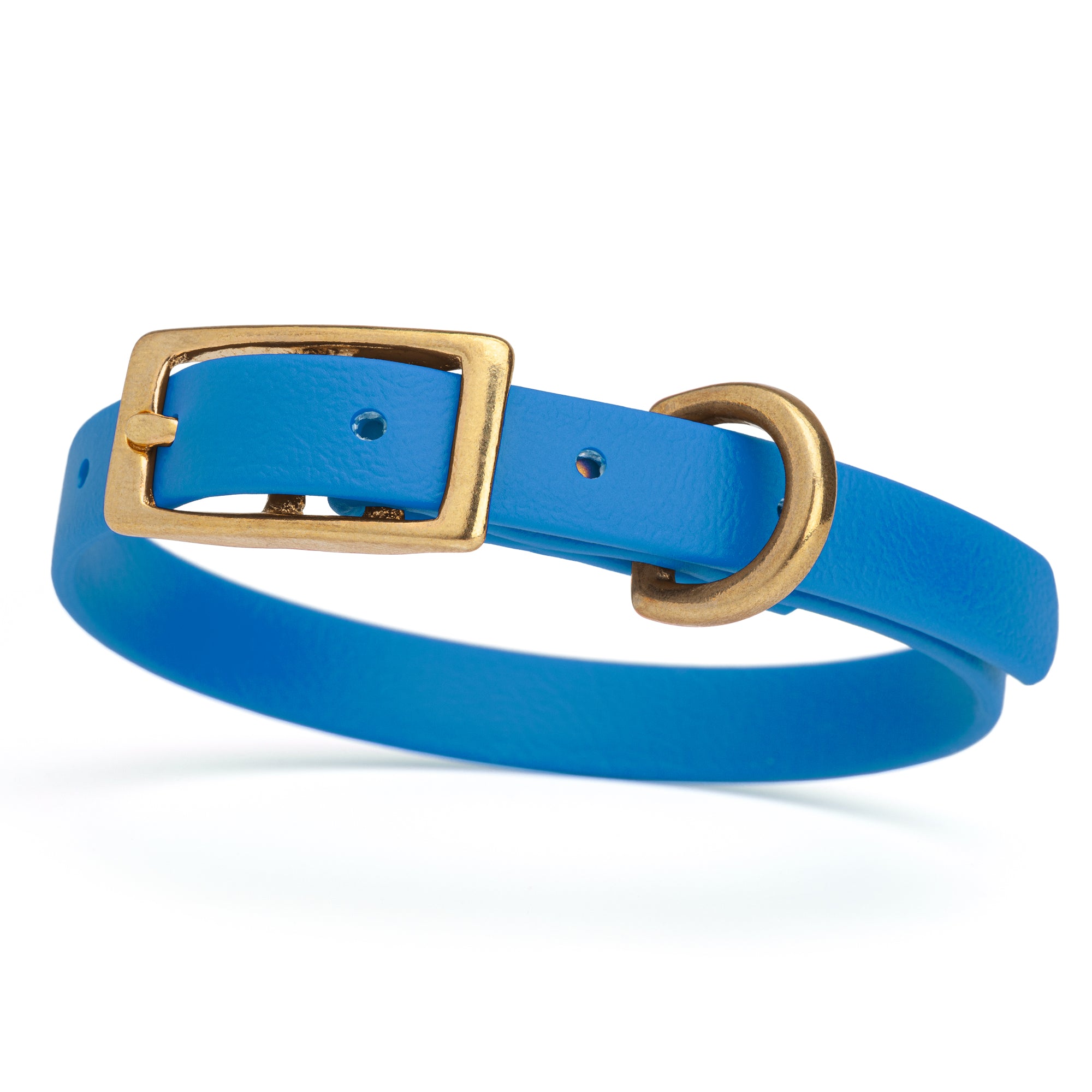 Waterproof collar for small dogs, made from Biothane with brass hardware, width 1/2 inch, Cerulean Blue
