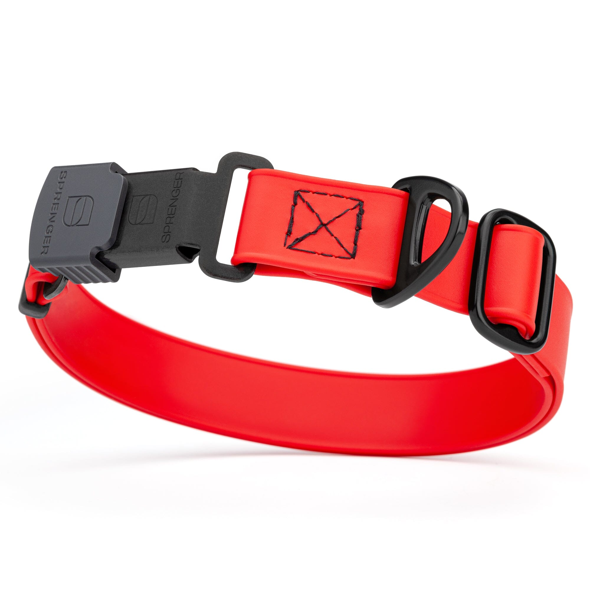 Cherry Red Biothane dog collar with black Herm Sprenger buckle and metal D-ring, waterproof and adjustable