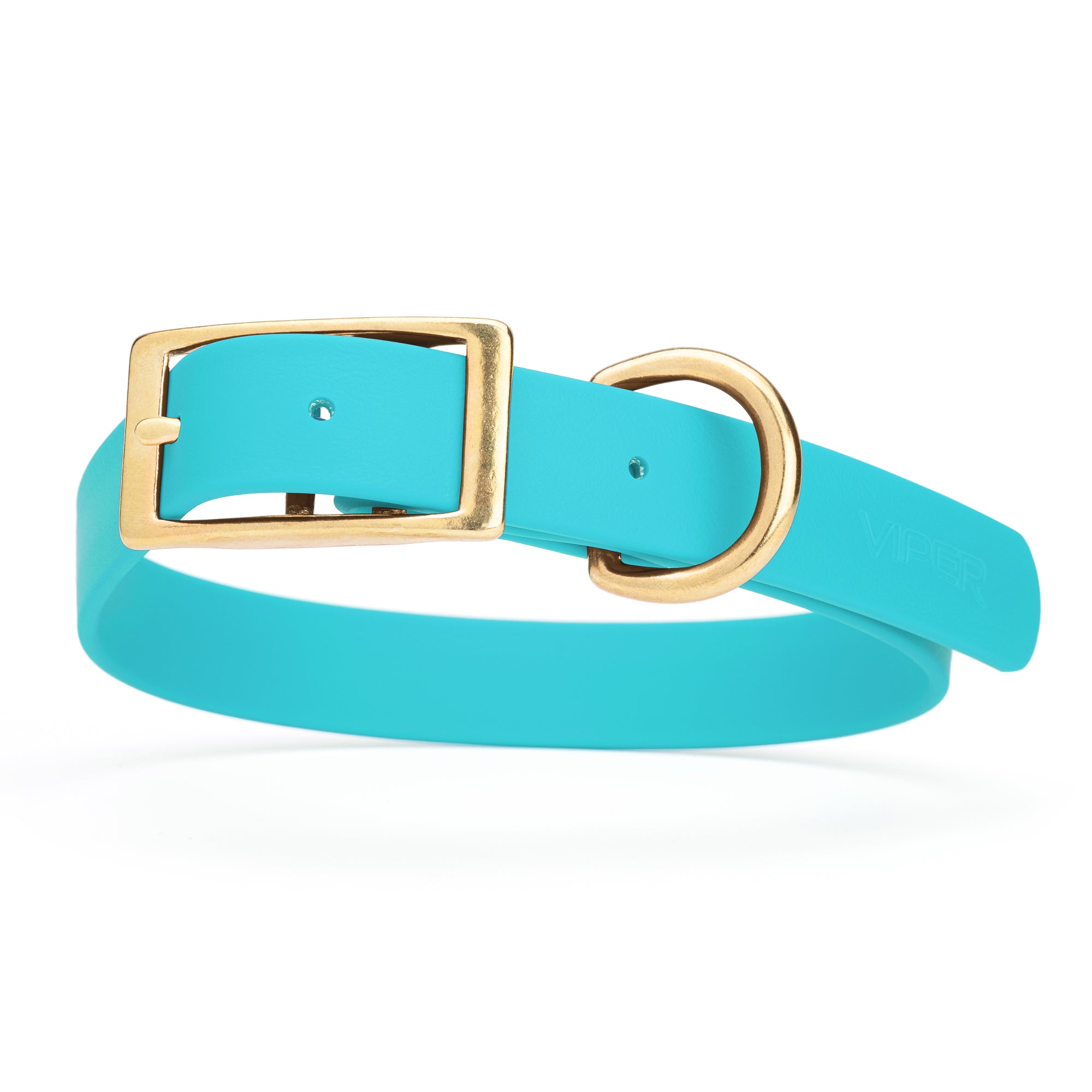 Sky Blue dog collar with brass buckle and D-ring, made from waterproof Biothane, 1-inch wide, fits medium and large dogs