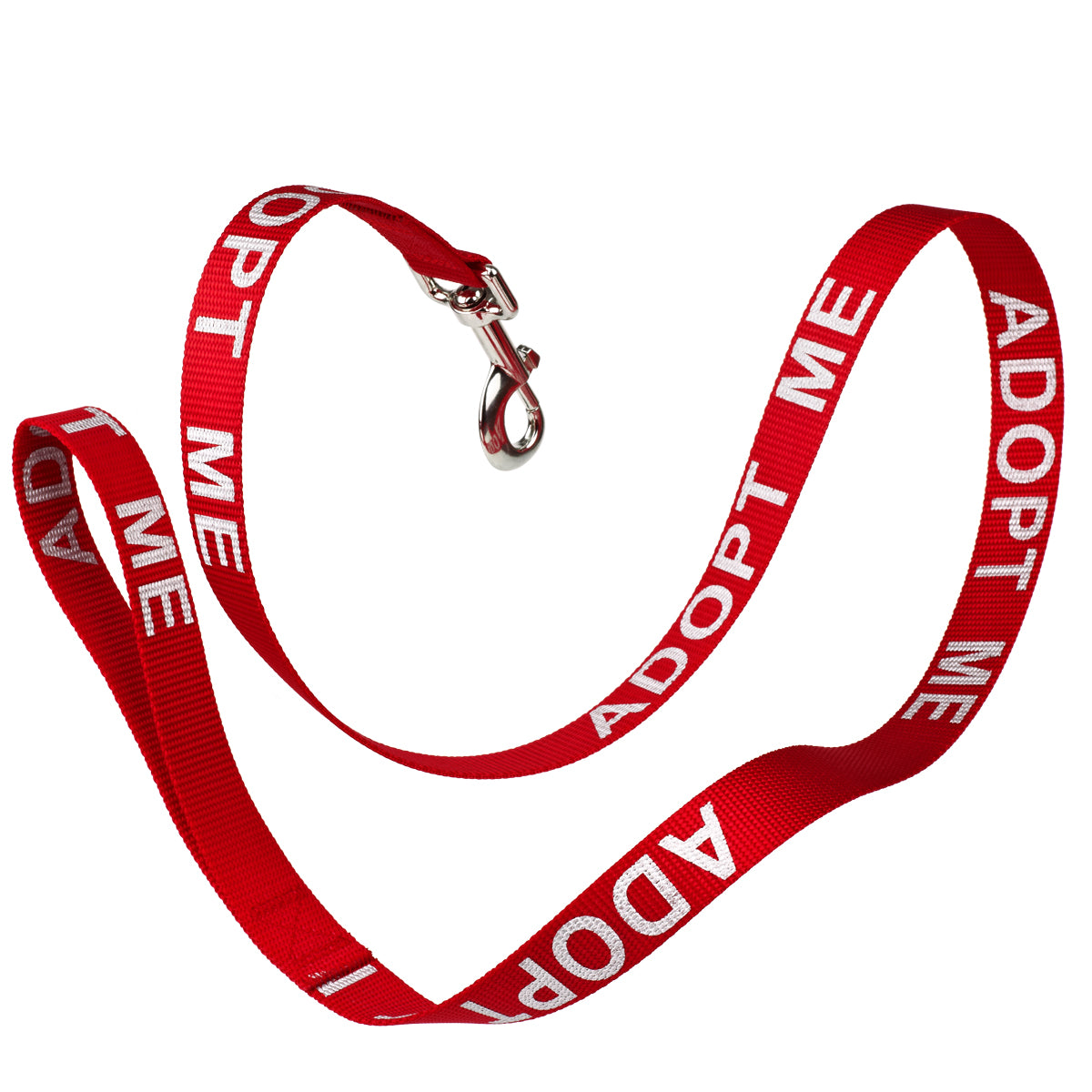 Red nylon dog leash with Adopt Me lettering reflective text