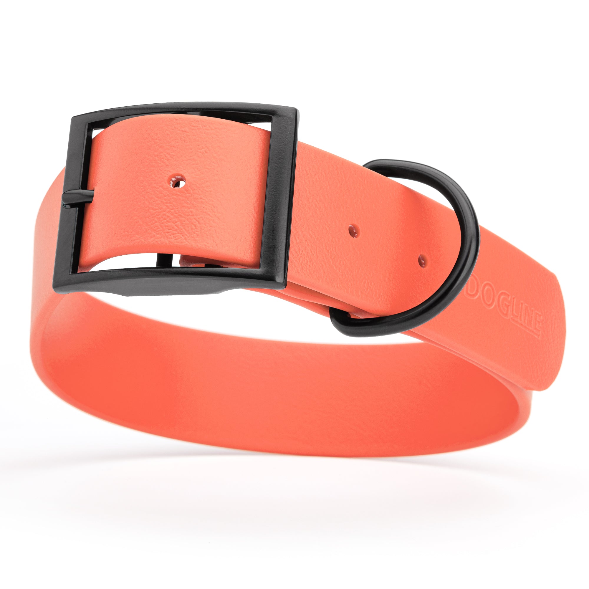 Coral waterproof collar for large dogs, 1.5 inches wide, made from Biothane, with black metal hardware