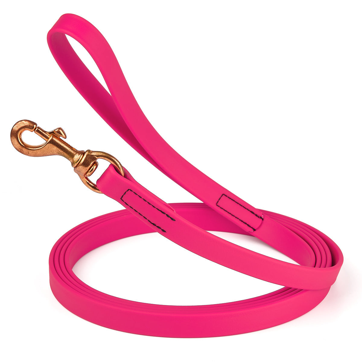 20 ft dog leash with brass snap hook, 3/4in wide, made from waterproof Biothane, Passionfruit Pink