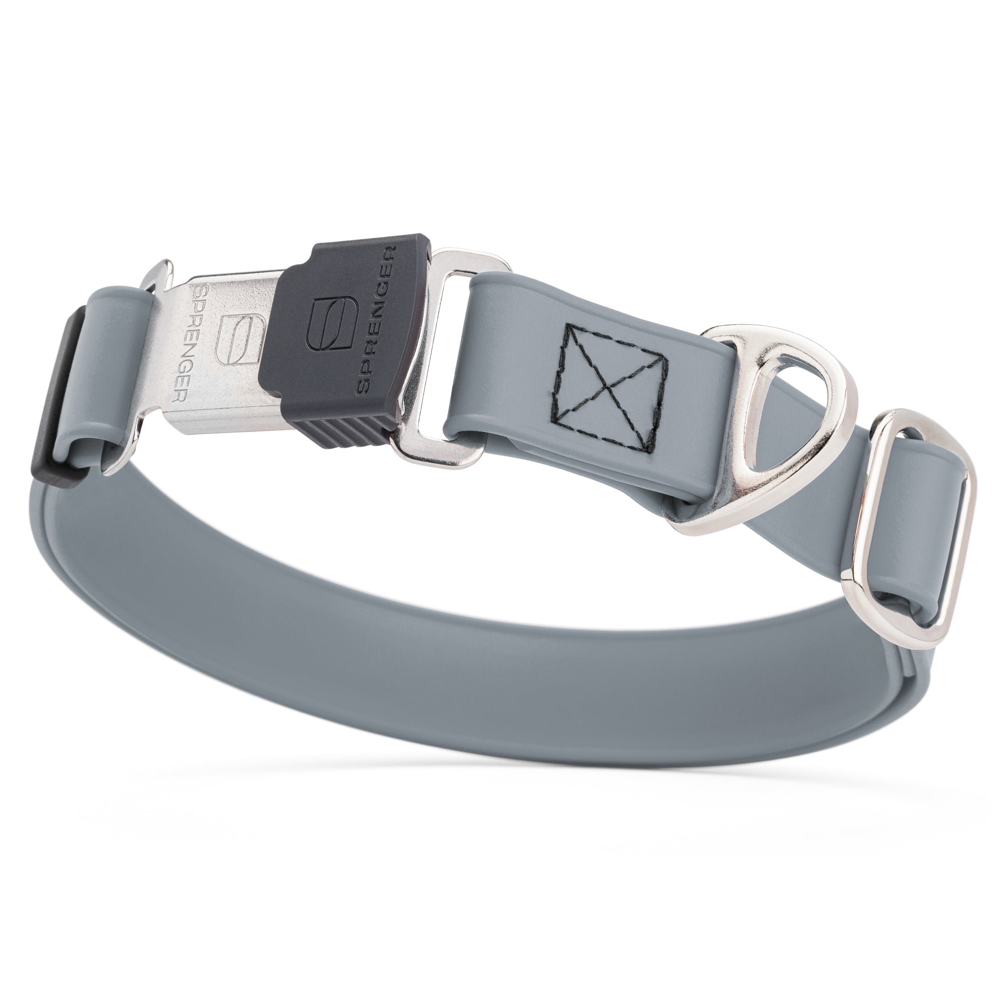 Battleship gray dog collar with stainless steel Herm Sprenger buckle and metal D-ring, made from waterproof Biothane, adjustable