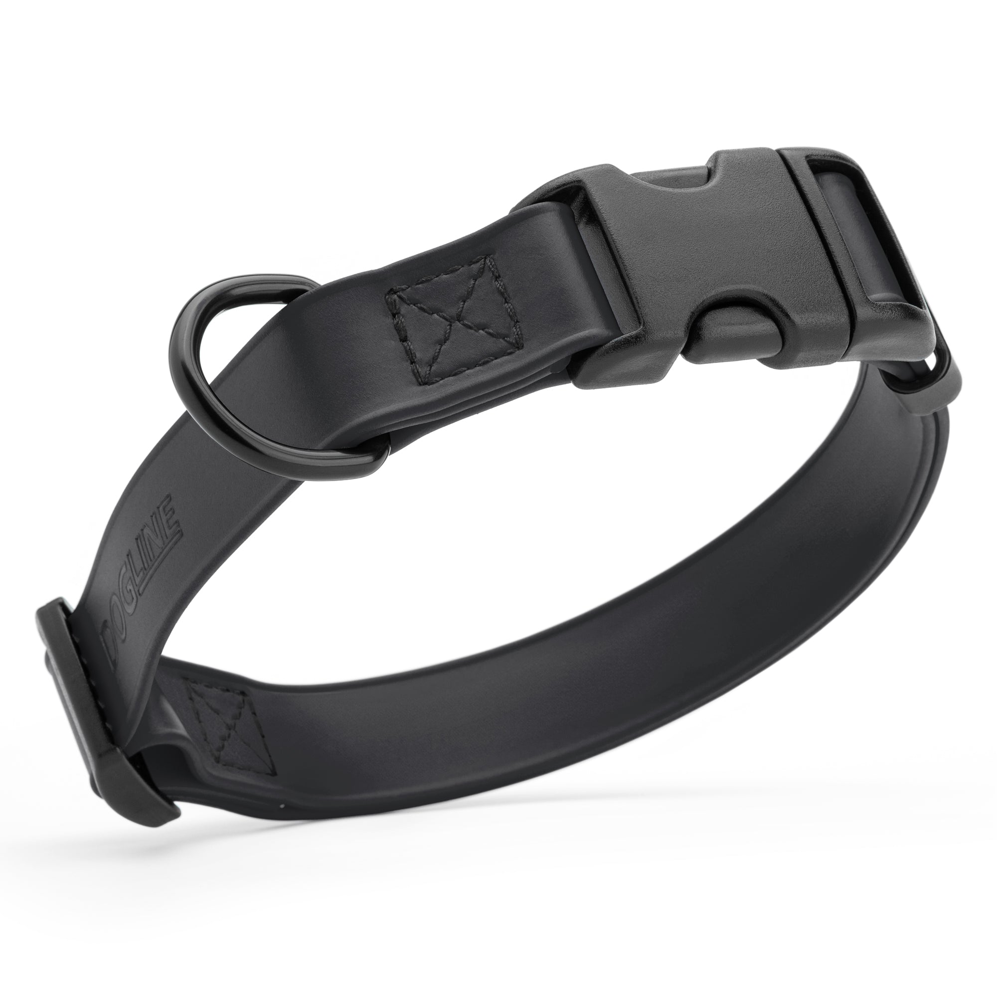 Black waterproof dog collar made from Biothane with black quick release buckle and D-ring, adjustable