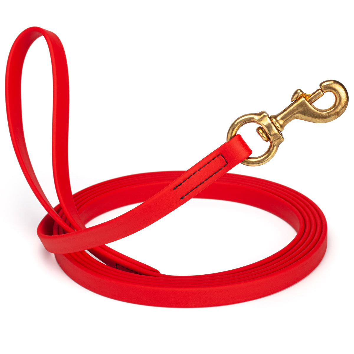 Cherry Red waterproof dog leash, 20 ft long, 5/8 in wide, made from Biothane with brass hardware