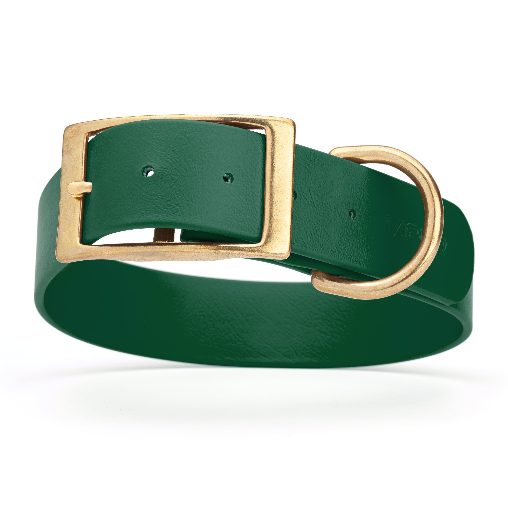 Hunter Green dog collar with brass buckle and D-ring, made from waterproof Biothane, 1.5-inch wide, fits large and giant dogs