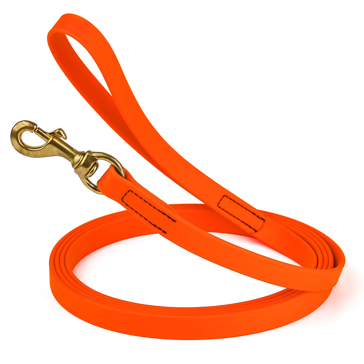 20 ft dog leash with brass snap hook, 3/4in wide, made from waterproof Biothane, Hunter Orange