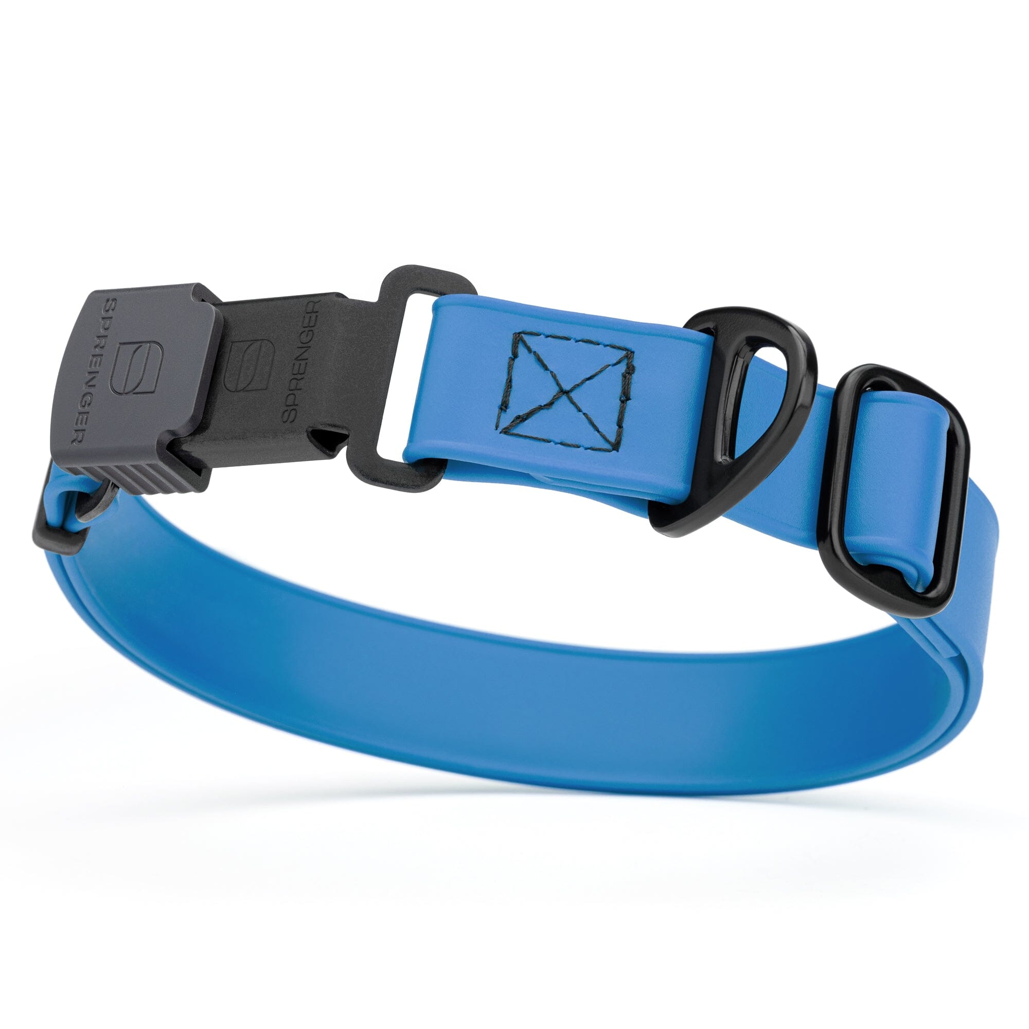 Cerulean blue Biothane dog collar with black Herm Sprenger buckle and metal D-ring, waterproof and adjustable