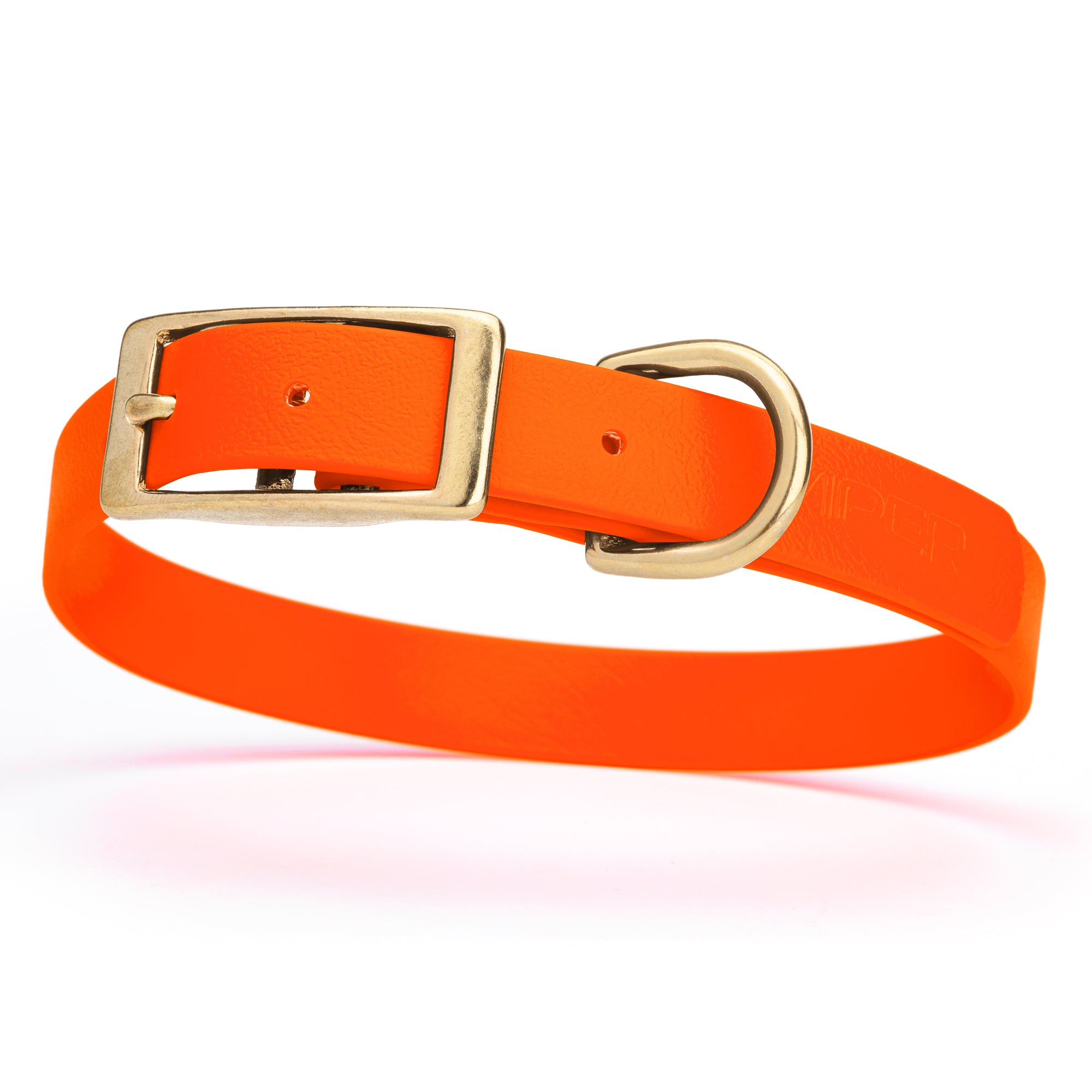 Biothane dog collar with brass buckle and D-ring, waterproof, fits medium dogs, width 3/4 inch, Hunter Orange
