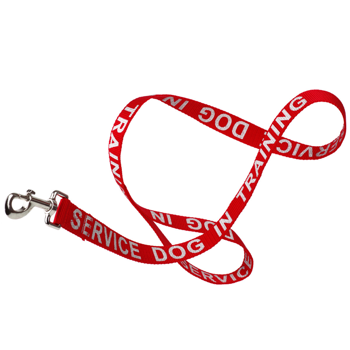 Red nylon dog leash with Service Dog in Training lettering reflective text