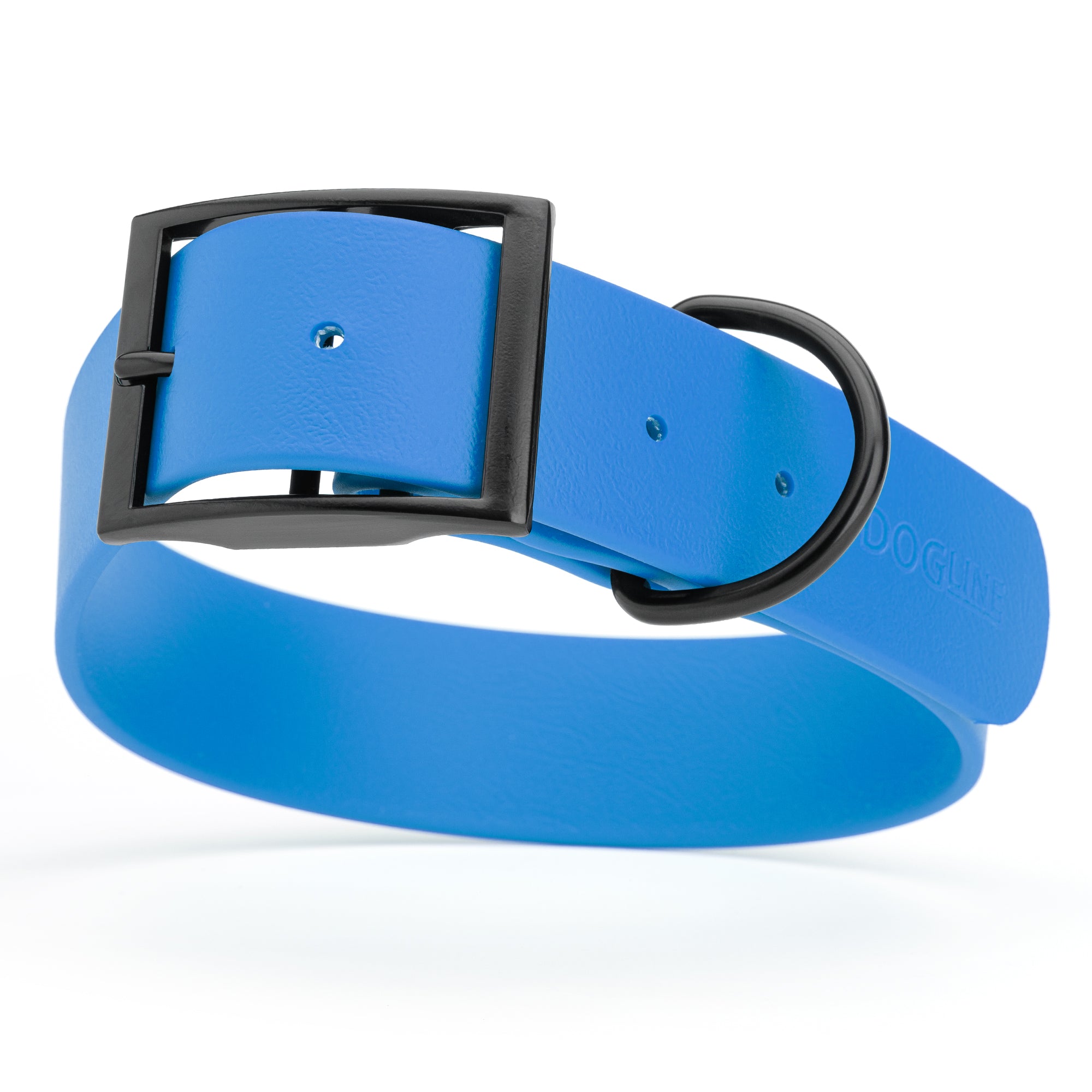 Cerulean Blue waterproof collar for large dogs, 1.5 inches wide, made from Biothane, with black metal hardware