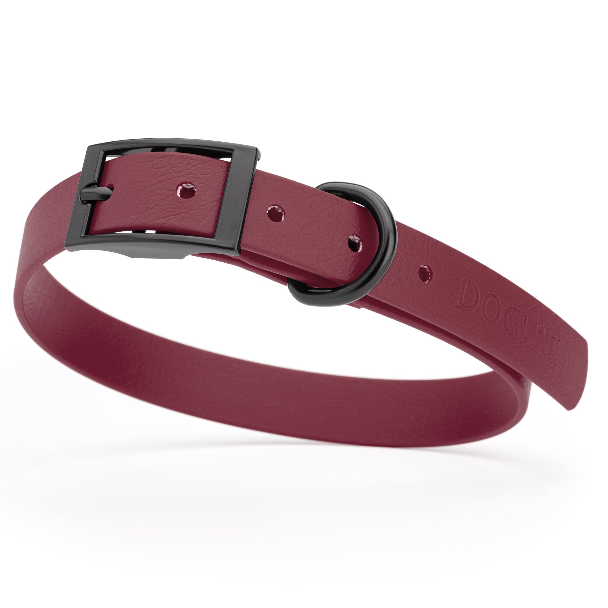 Merlot Burgundy waterproof dog collar with black metal buckle and D-ring, made from BioThane, fits medium dogs