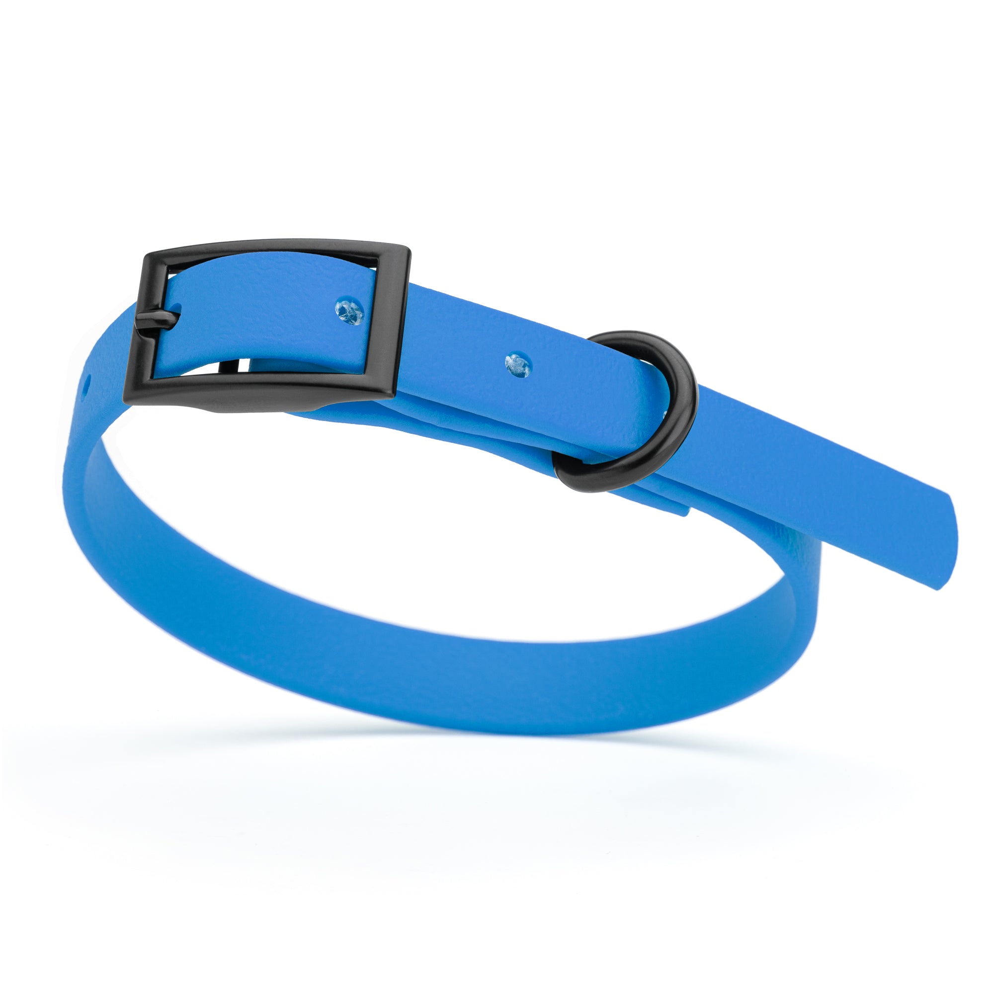 Cerulean Blue dog collar with black buckle and D-ring, made from waterproof Biothane, x-small