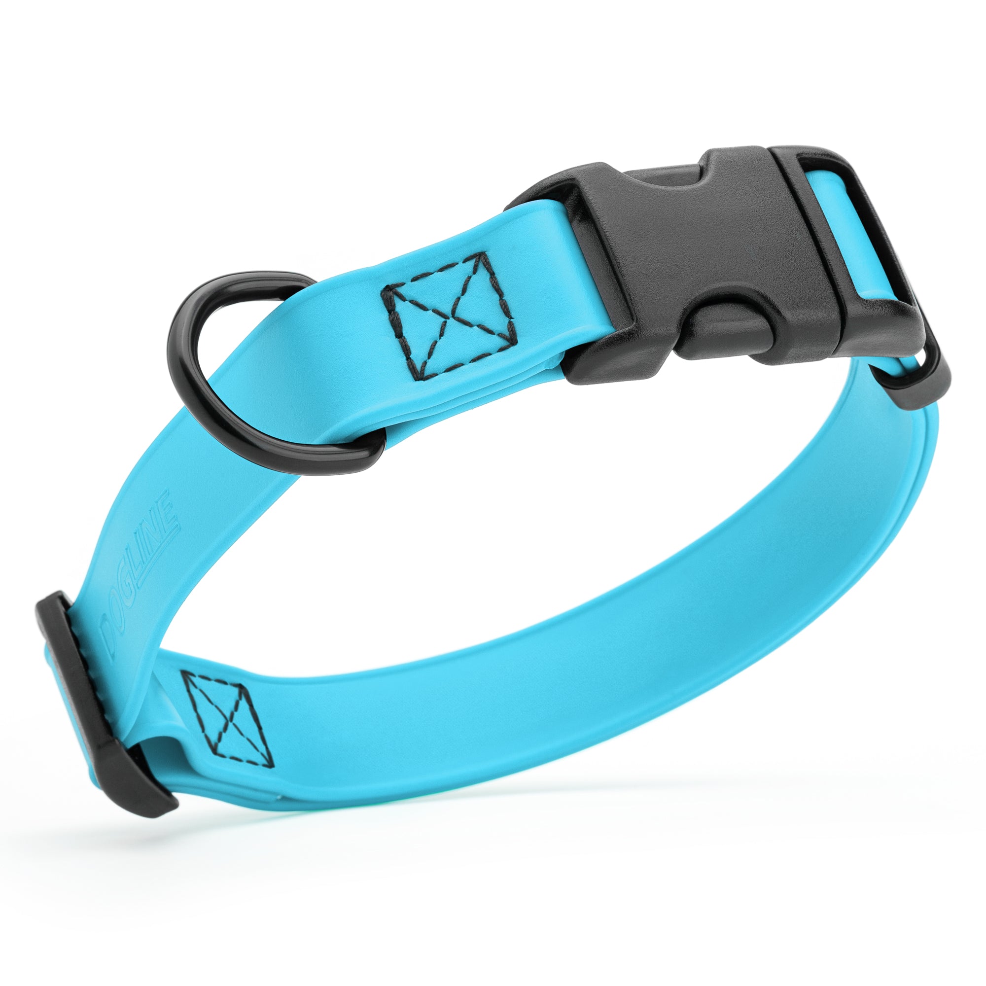 Sky Blue waterproof dog collar made from Biothane with black quick release buckle and D-ring, adjustable