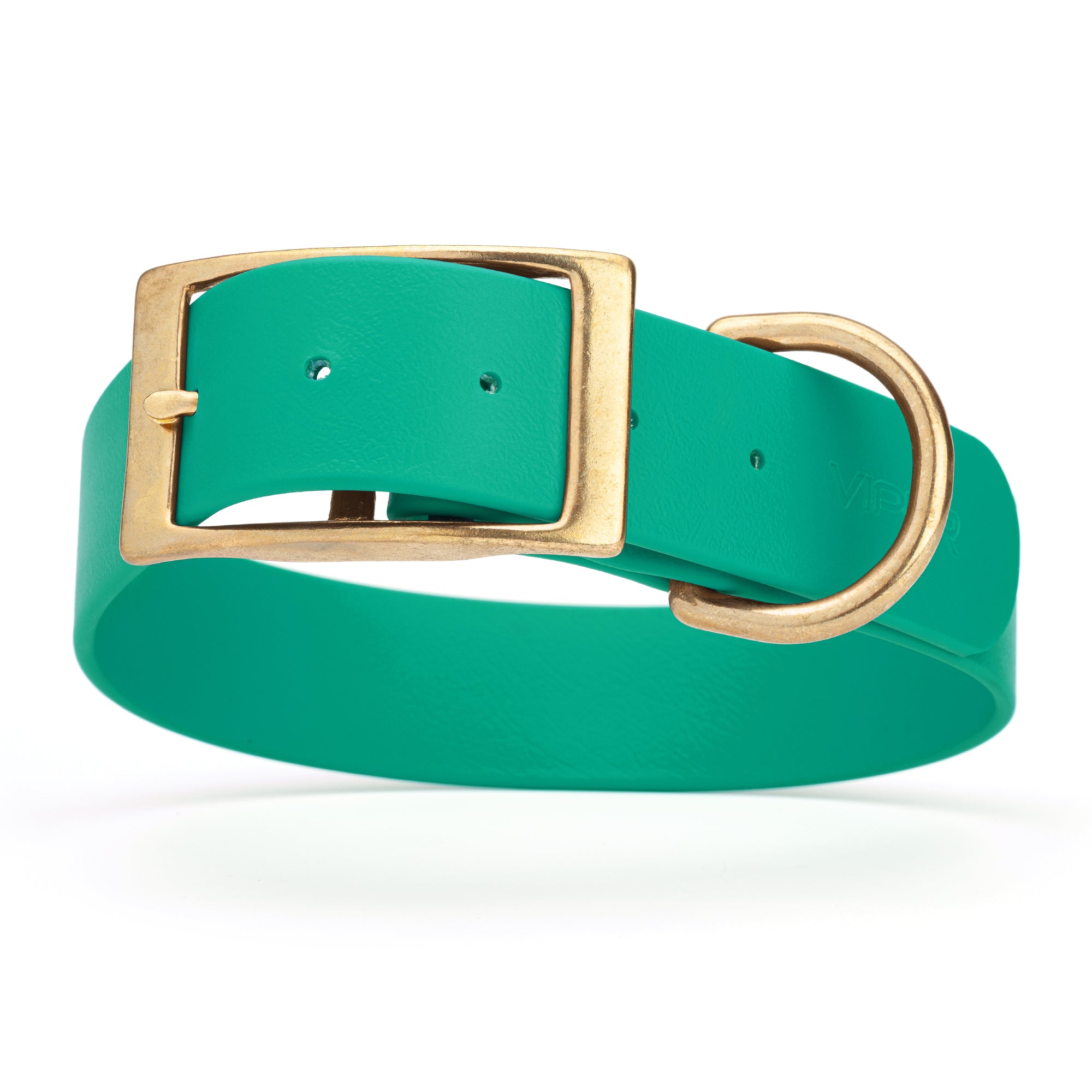 Teal waterproof collar for large dogs with brass buckle and D-ring, made from Biothane, size XL, 1.5-inch wide