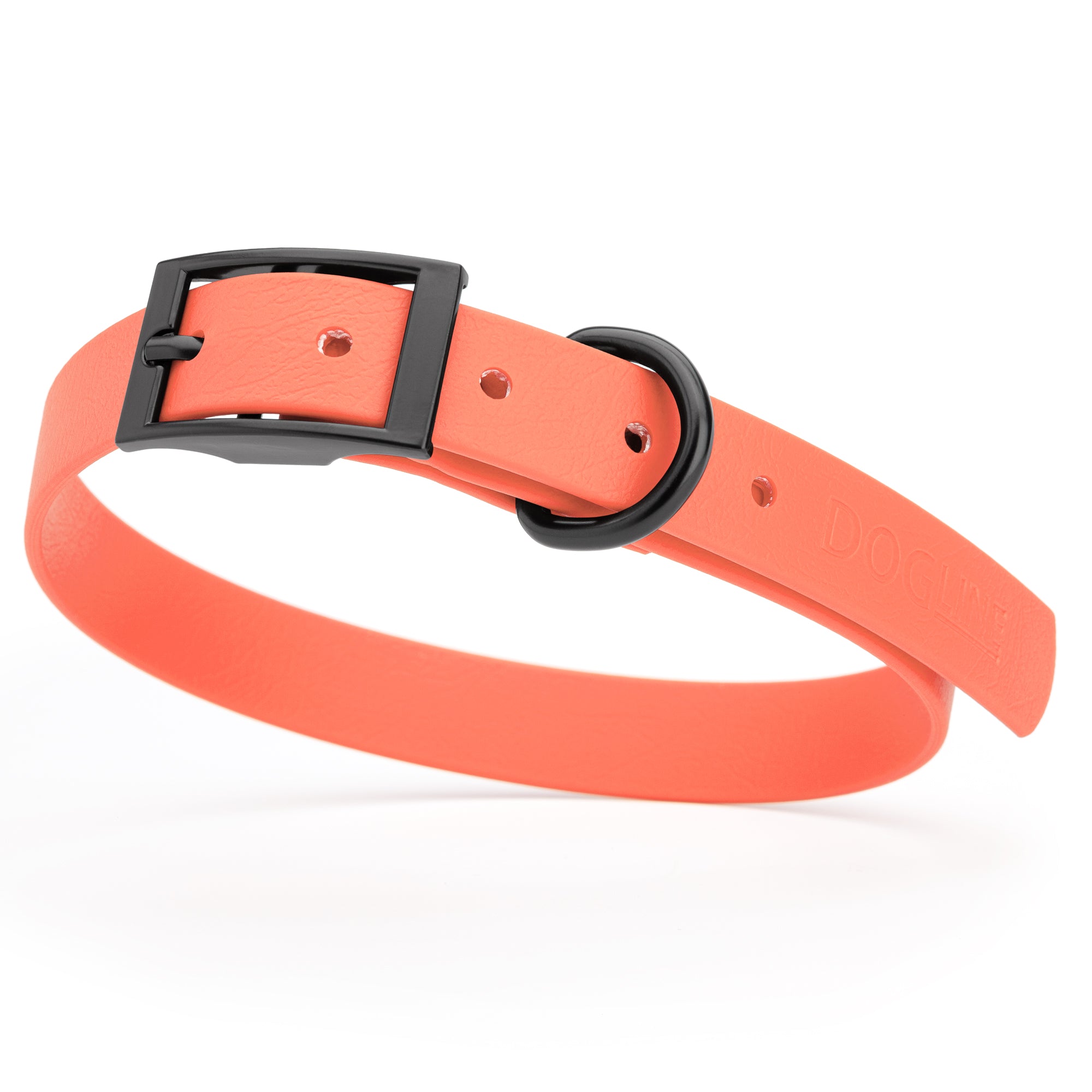 Coral waterproof dog collar with black metal buckle and D-ring, made from BioThane, fits medium dogs