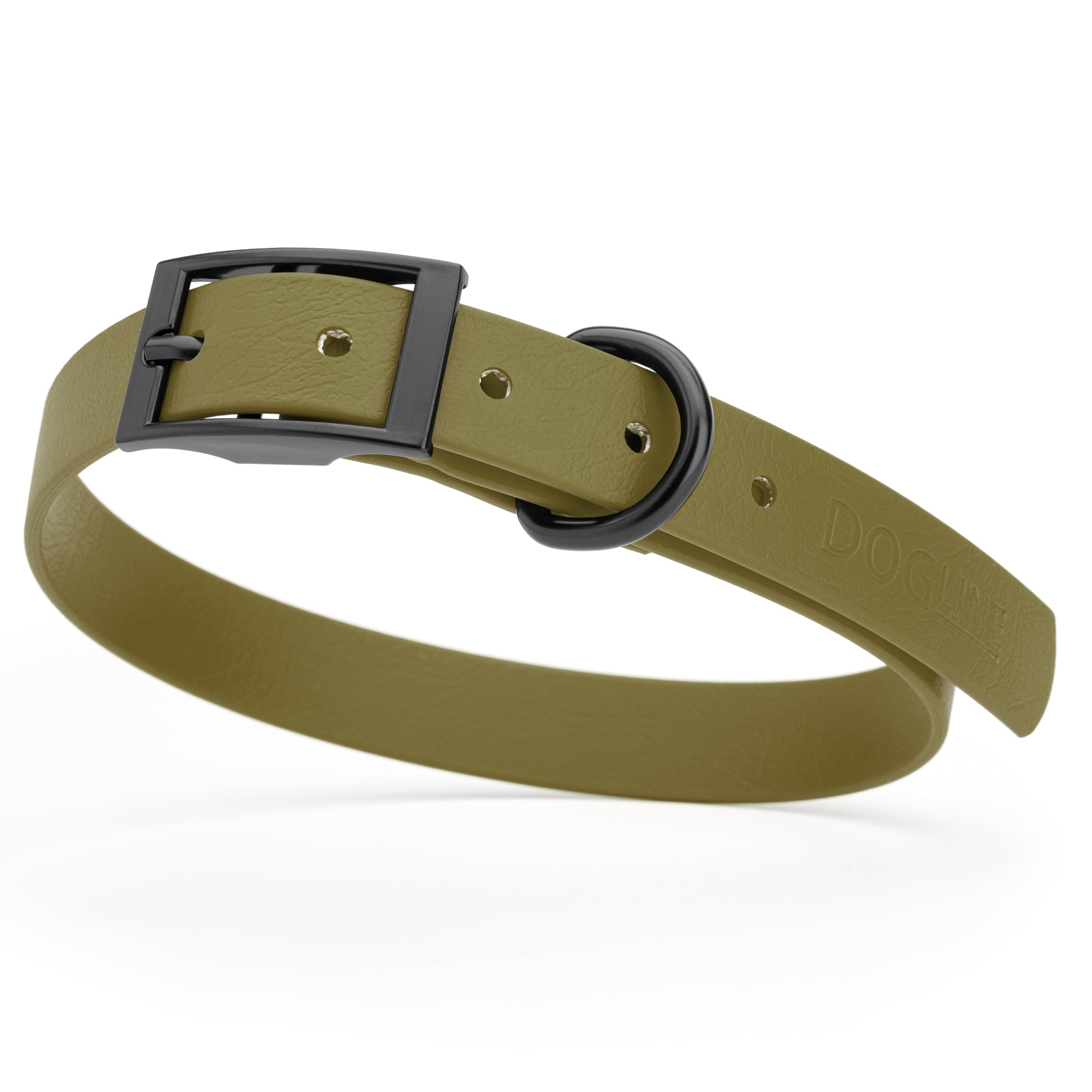 Olive Drab Green waterproof dog collar with black metal buckle and D-ring, made from BioThane, fits medium dogs