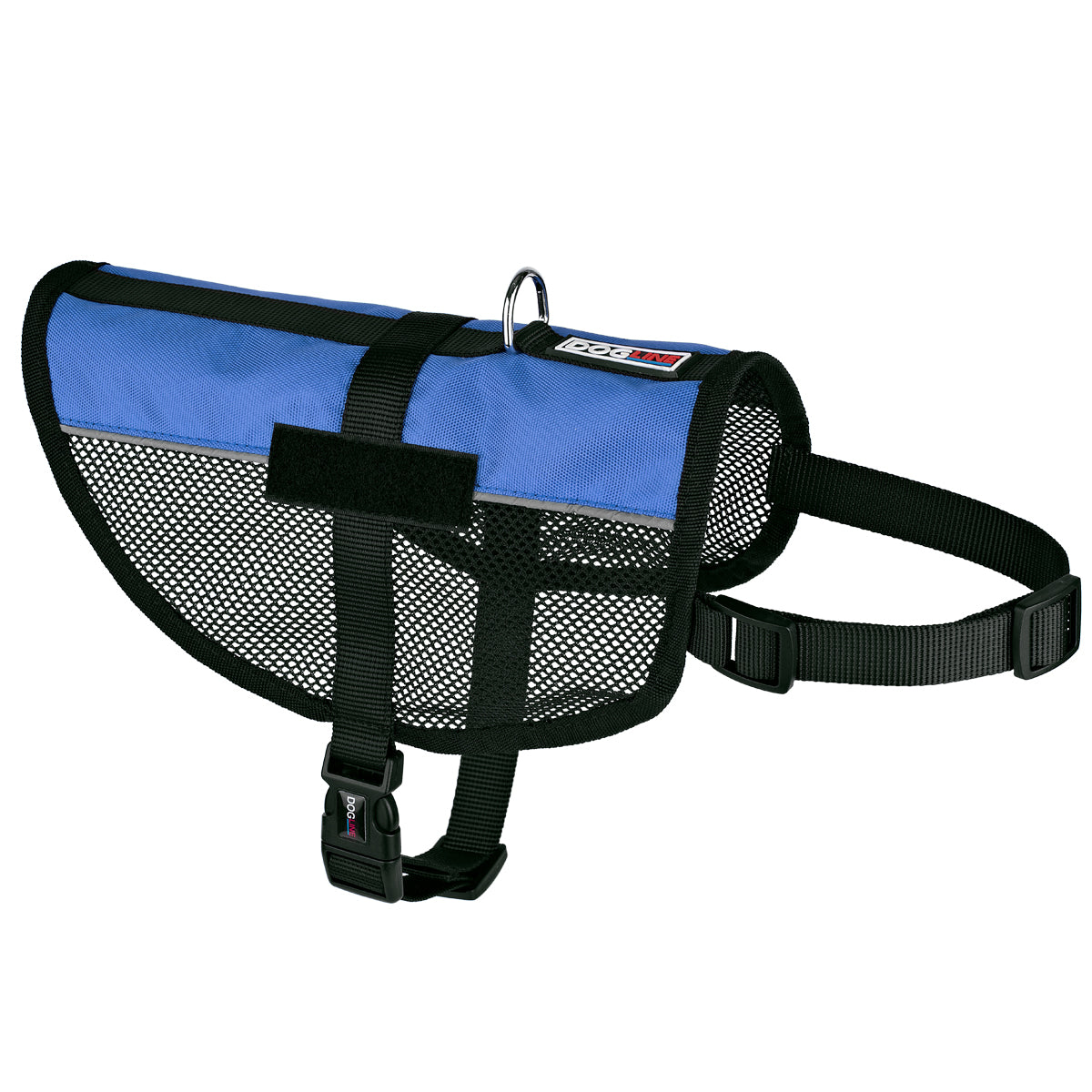 Blue mesh dog vest harness with adjustable belly and chest straps, and loop backing for attaching two patches